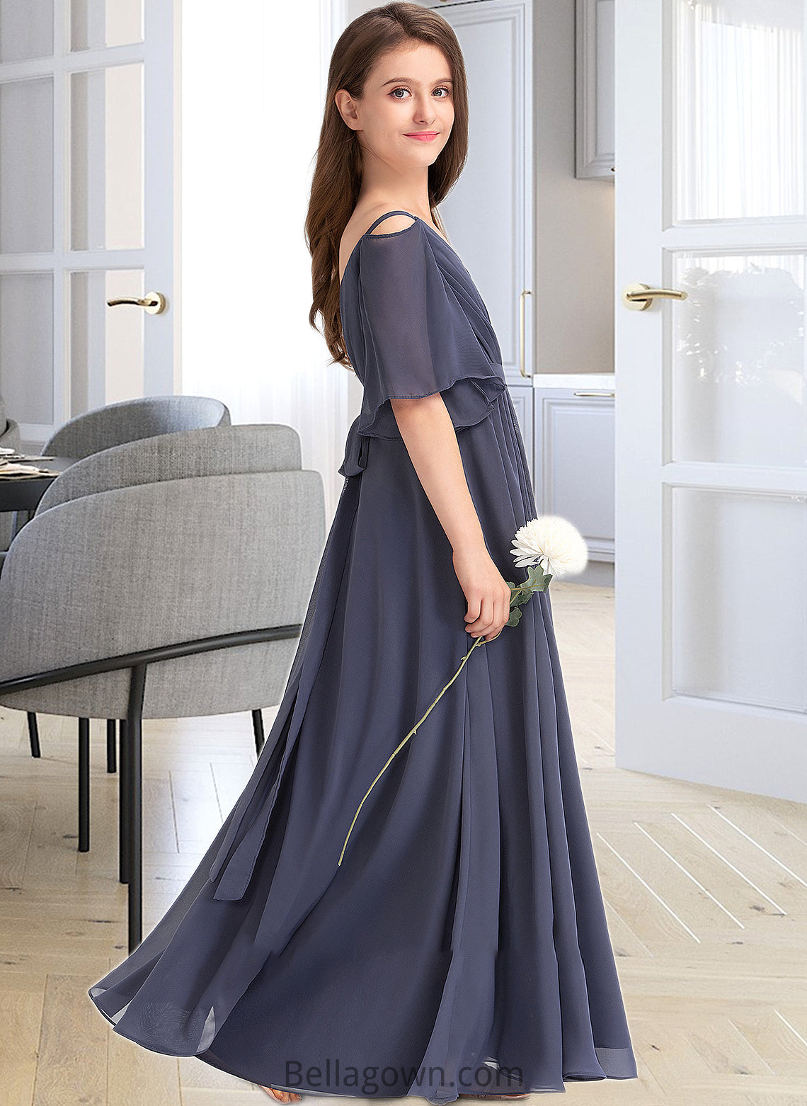 Winifred A-Line Off-the-Shoulder Floor-Length Chiffon Junior Bridesmaid Dress With Ruffle Bow(s) DNP0013479