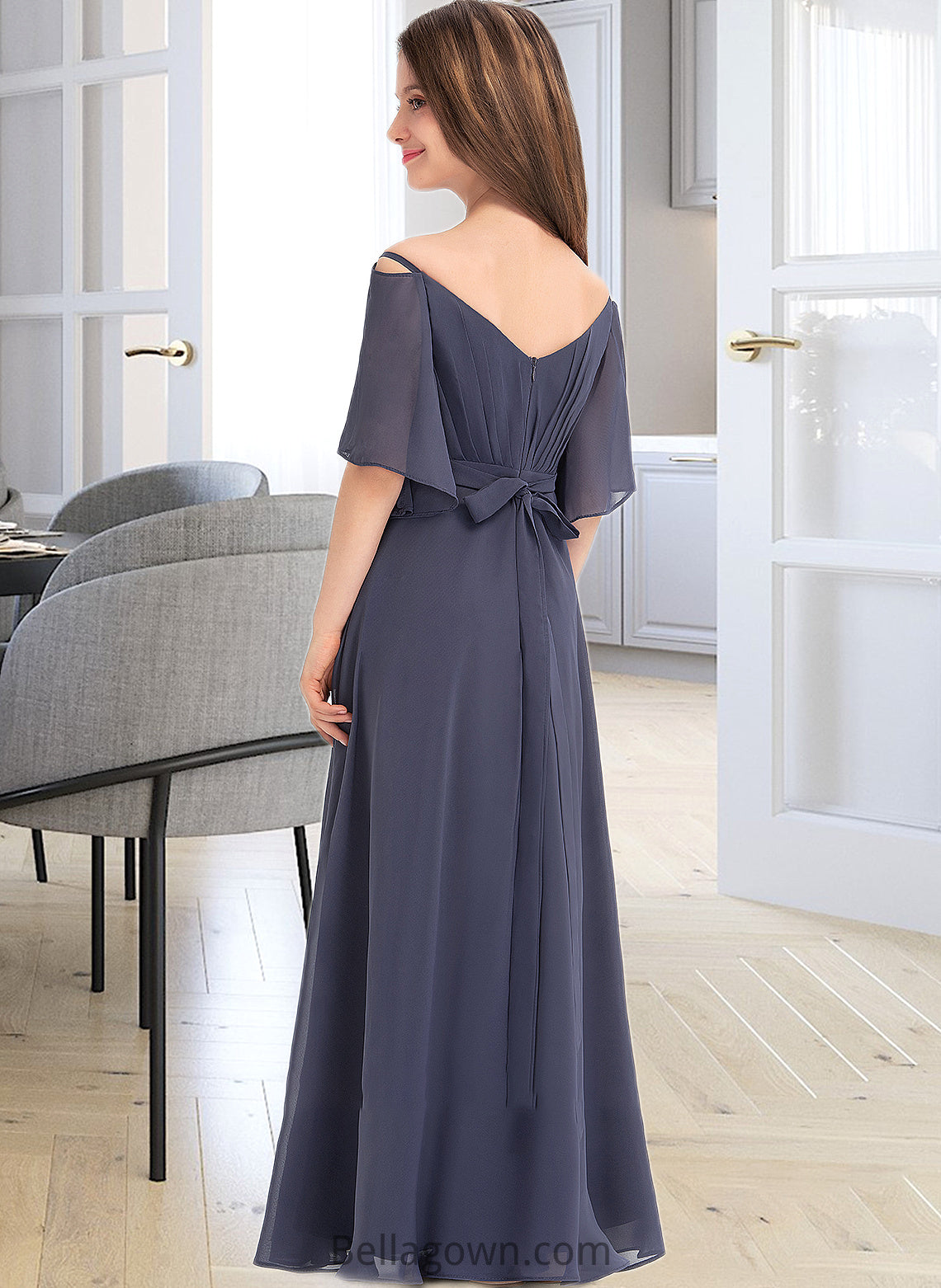 Winifred A-Line Off-the-Shoulder Floor-Length Chiffon Junior Bridesmaid Dress With Ruffle Bow(s) DNP0013479