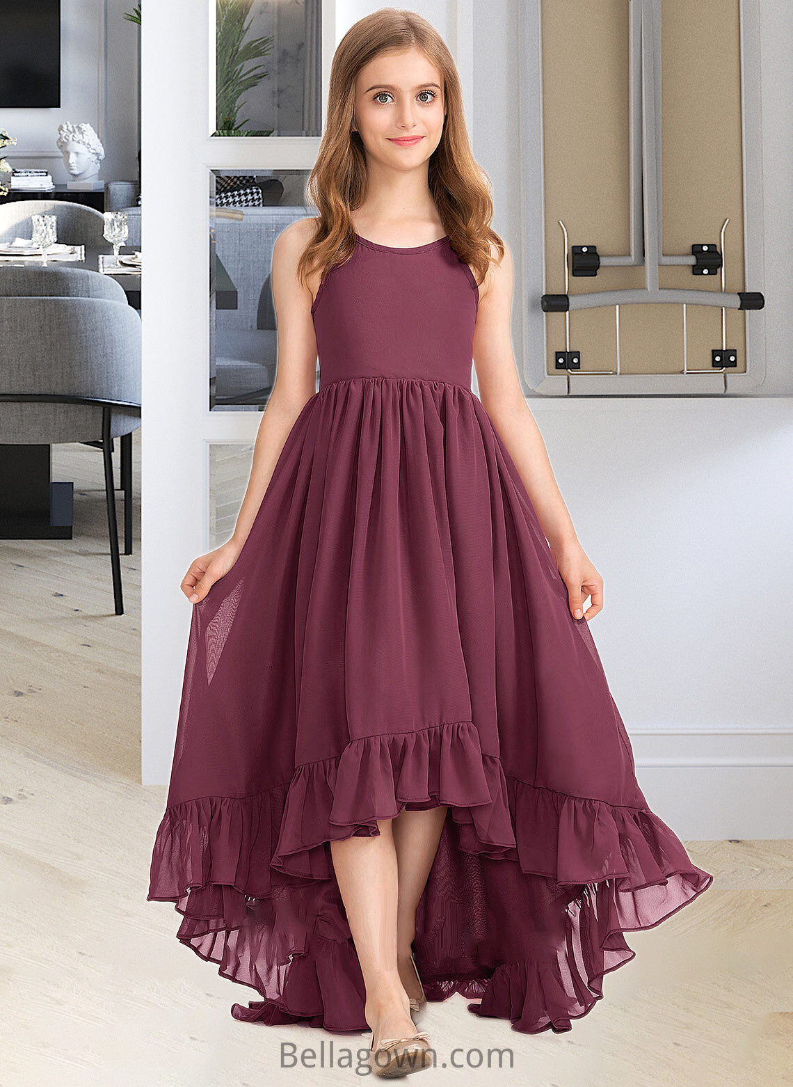 Rhianna A-Line Scoop Neck Asymmetrical Chiffon Junior Bridesmaid Dress With Bow(s) Cascading Ruffles DNP0013480