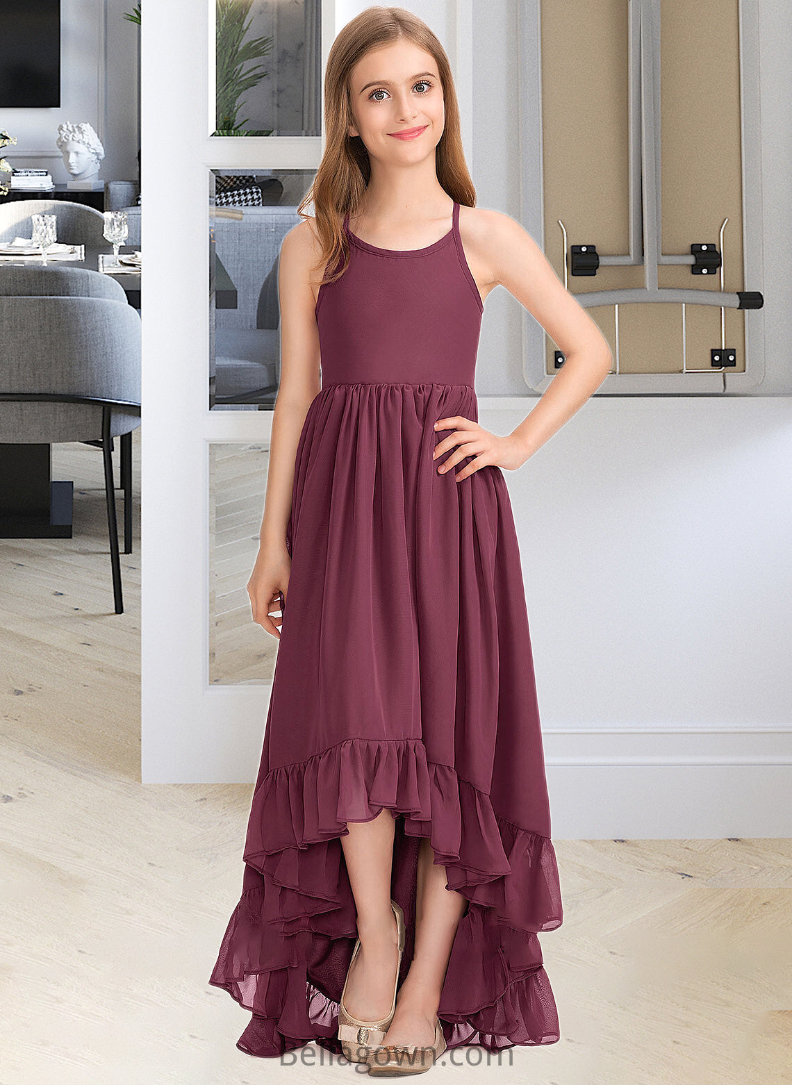 Rhianna A-Line Scoop Neck Asymmetrical Chiffon Junior Bridesmaid Dress With Bow(s) Cascading Ruffles DNP0013480