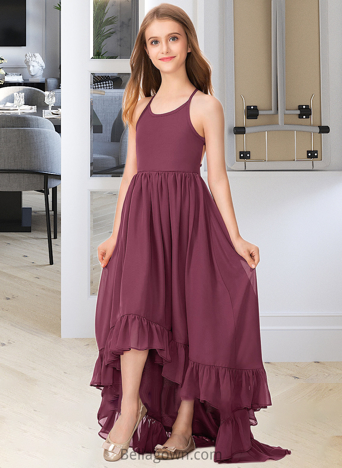 Rhianna A-Line Scoop Neck Asymmetrical Chiffon Junior Bridesmaid Dress With Bow(s) Cascading Ruffles DNP0013480