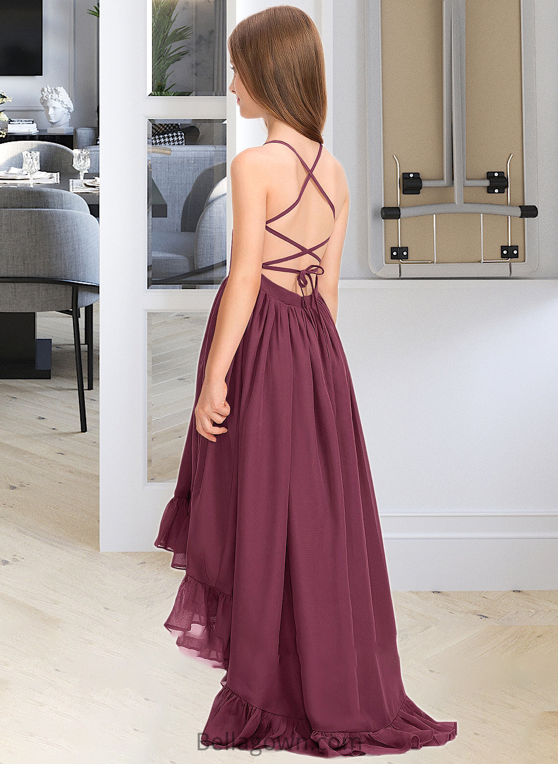 Rhianna A-Line Scoop Neck Asymmetrical Chiffon Junior Bridesmaid Dress With Bow(s) Cascading Ruffles DNP0013480