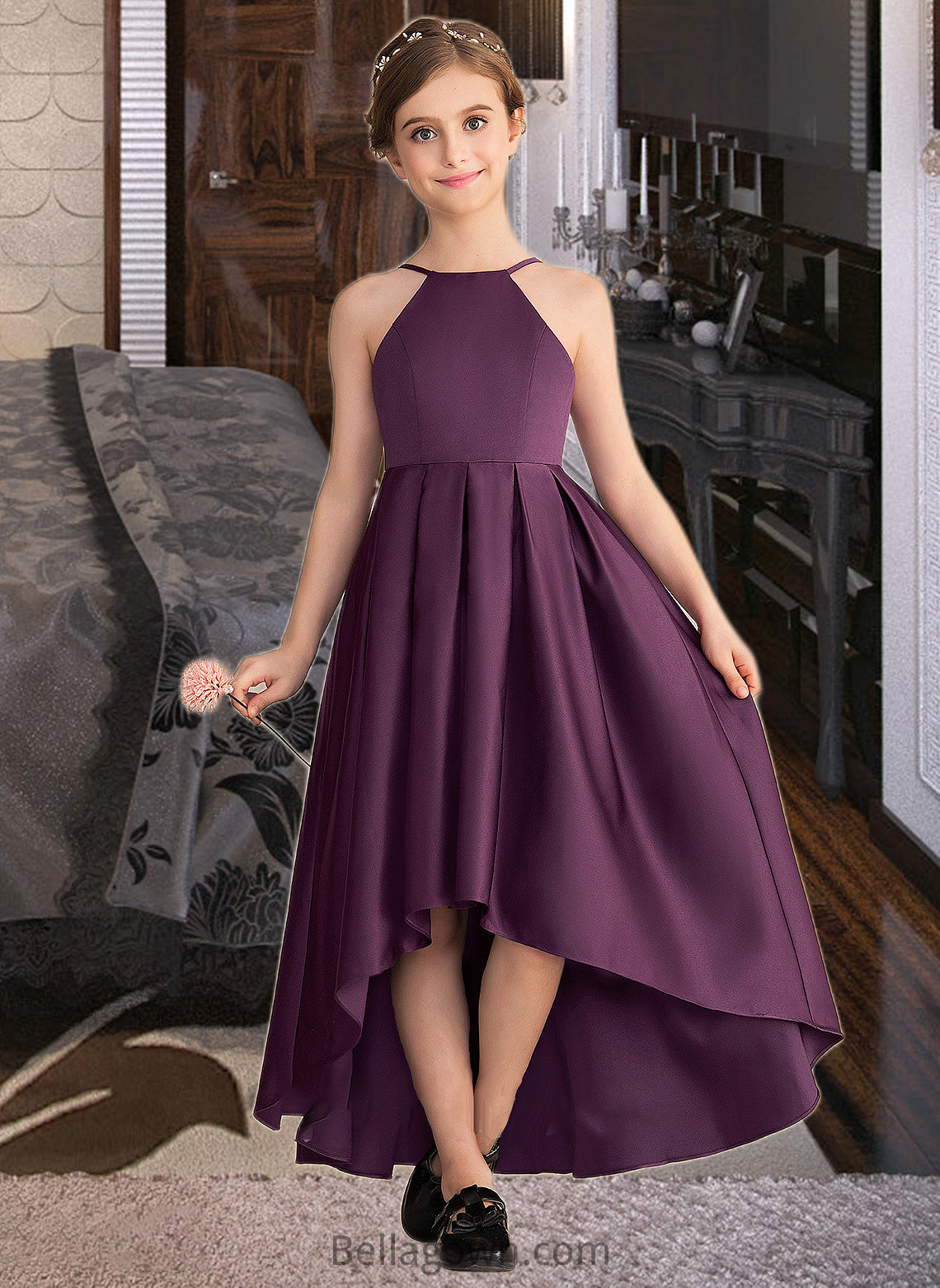 Lia A-Line Scoop Neck Asymmetrical Satin Junior Bridesmaid Dress With Ruffle DNP0013481