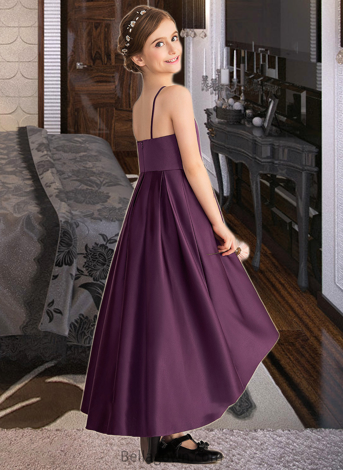 Lia A-Line Scoop Neck Asymmetrical Satin Junior Bridesmaid Dress With Ruffle DNP0013481