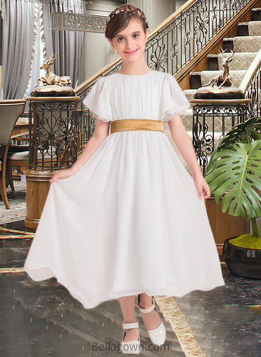 Alannah A-Line Scoop Neck Tea-Length Chiffon Junior Bridesmaid Dress With Ruffle Sash DNP0013482