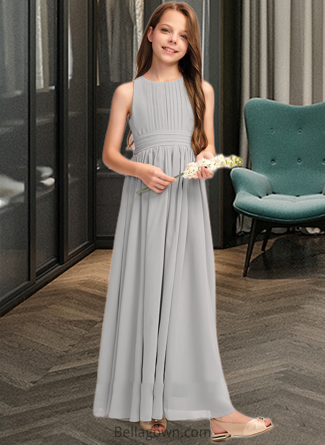 Aspen A-Line Scoop Neck Floor-Length Chiffon Junior Bridesmaid Dress With Ruffle Bow(s) DNP0013483