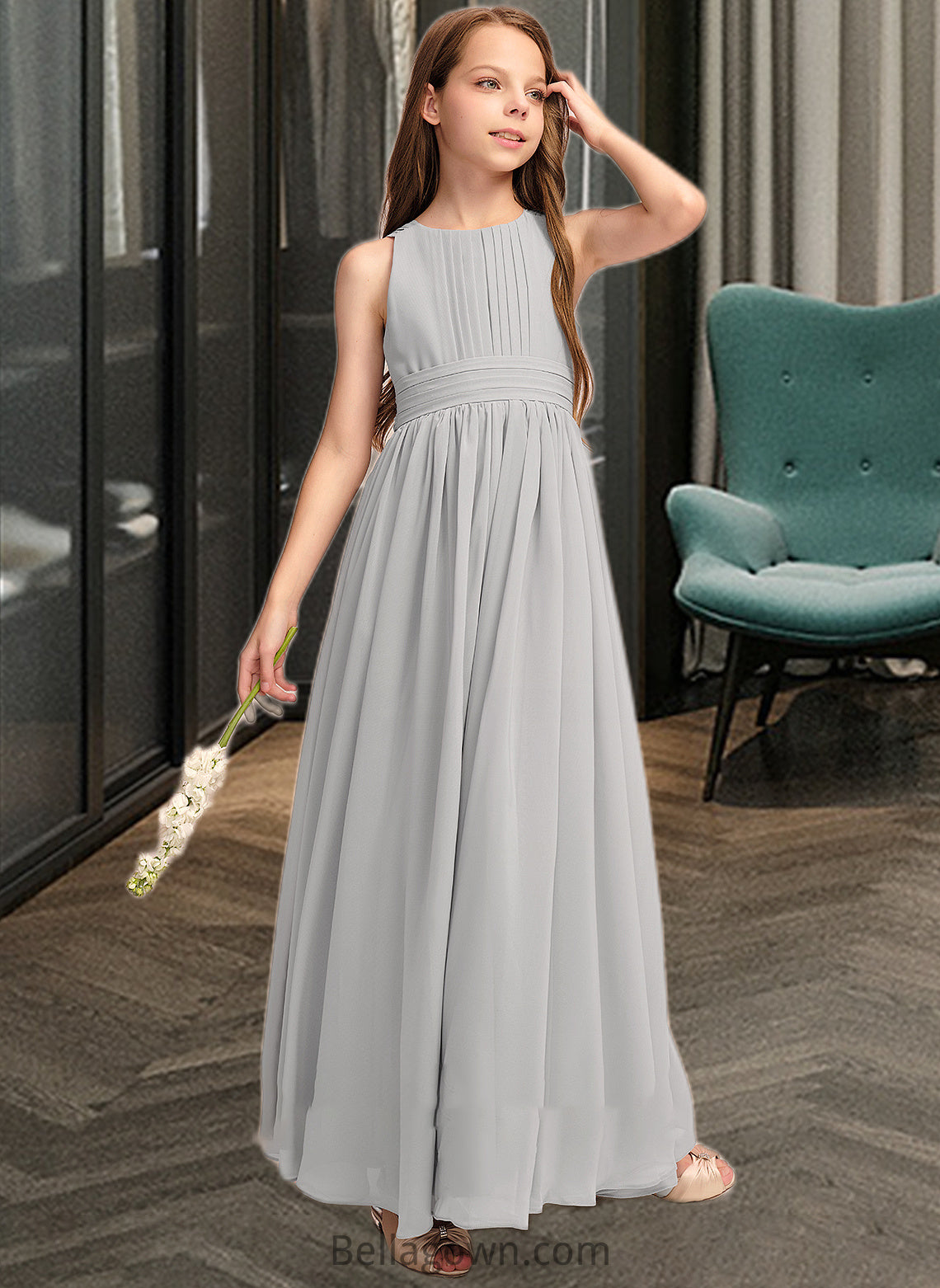 Aspen A-Line Scoop Neck Floor-Length Chiffon Junior Bridesmaid Dress With Ruffle Bow(s) DNP0013483