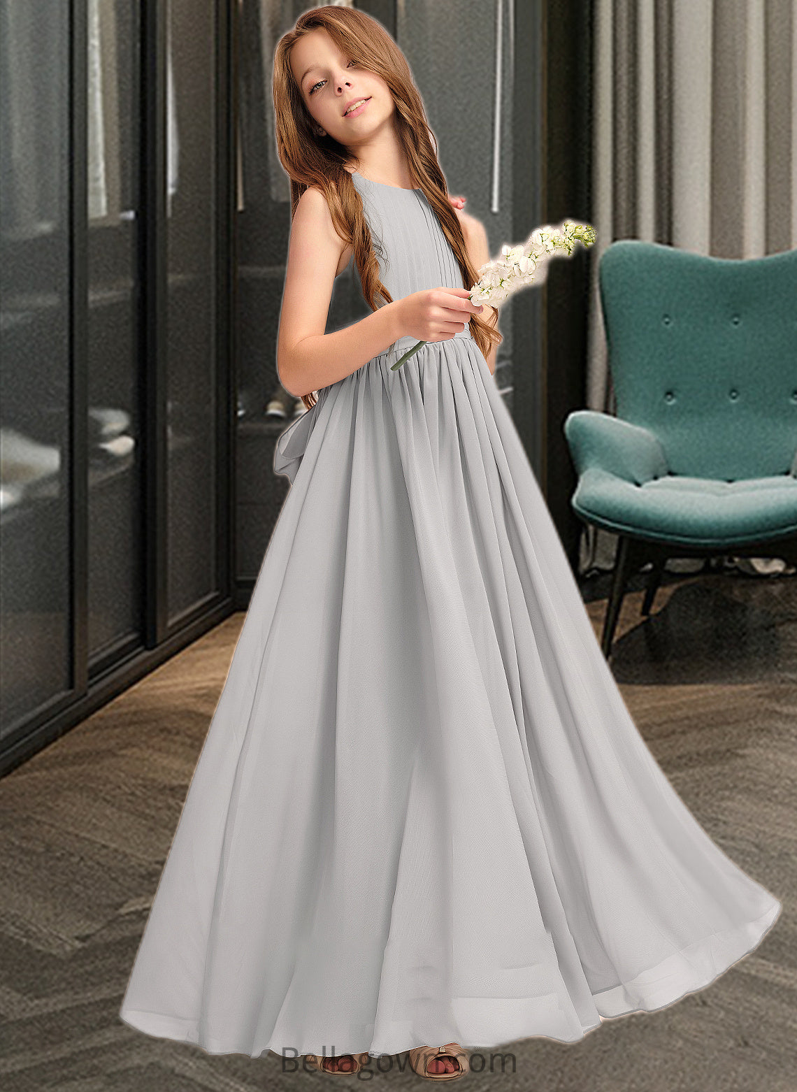 Aspen A-Line Scoop Neck Floor-Length Chiffon Junior Bridesmaid Dress With Ruffle Bow(s) DNP0013483