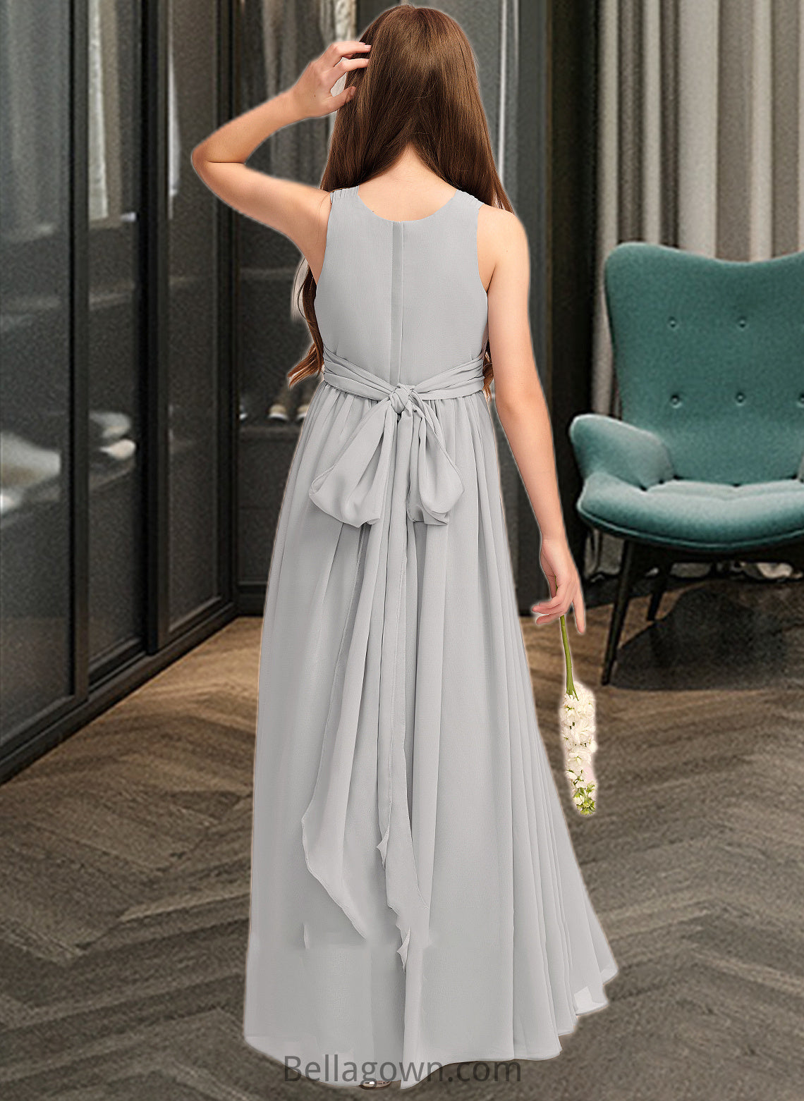 Aspen A-Line Scoop Neck Floor-Length Chiffon Junior Bridesmaid Dress With Ruffle Bow(s) DNP0013483