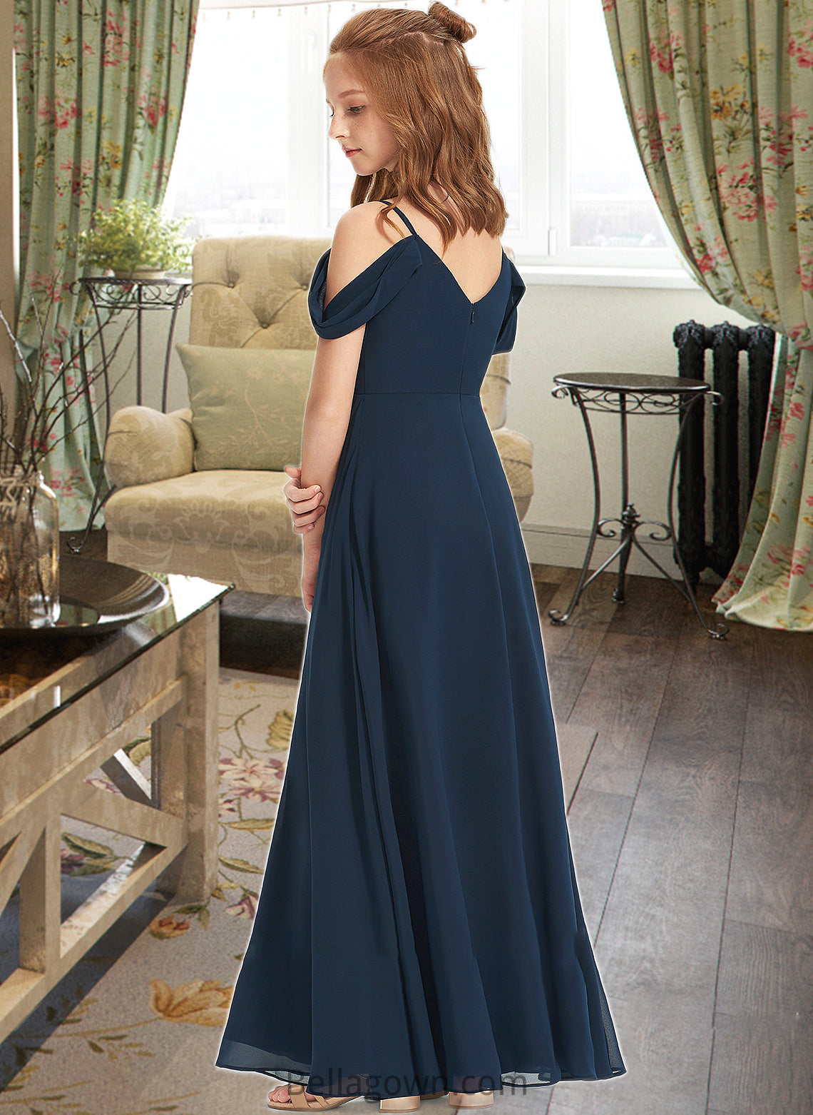 Laila A-Line Off-the-Shoulder Floor-Length Chiffon Junior Bridesmaid Dress DNP0013485