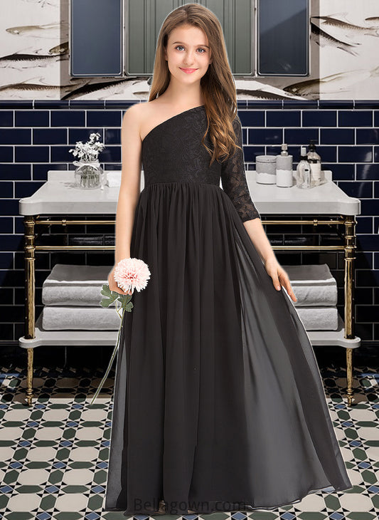 Lilly A-Line One-Shoulder Floor-Length Chiffon Lace Junior Bridesmaid Dress DNP0013486