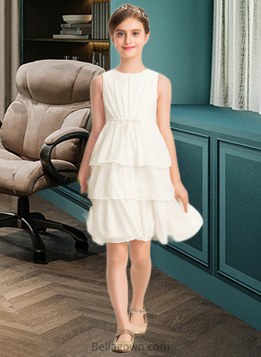 Bridget A-Line Scoop Neck Knee-Length Chiffon Junior Bridesmaid Dress With Bow(s) Cascading Ruffles DNP0013487