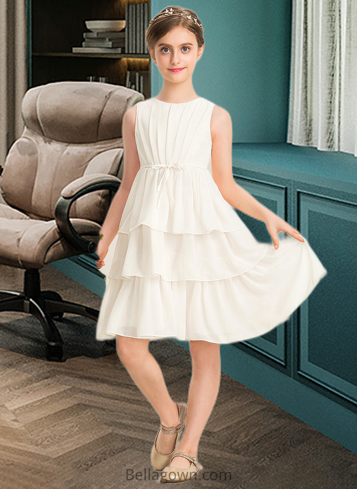 Bridget A-Line Scoop Neck Knee-Length Chiffon Junior Bridesmaid Dress With Bow(s) Cascading Ruffles DNP0013487