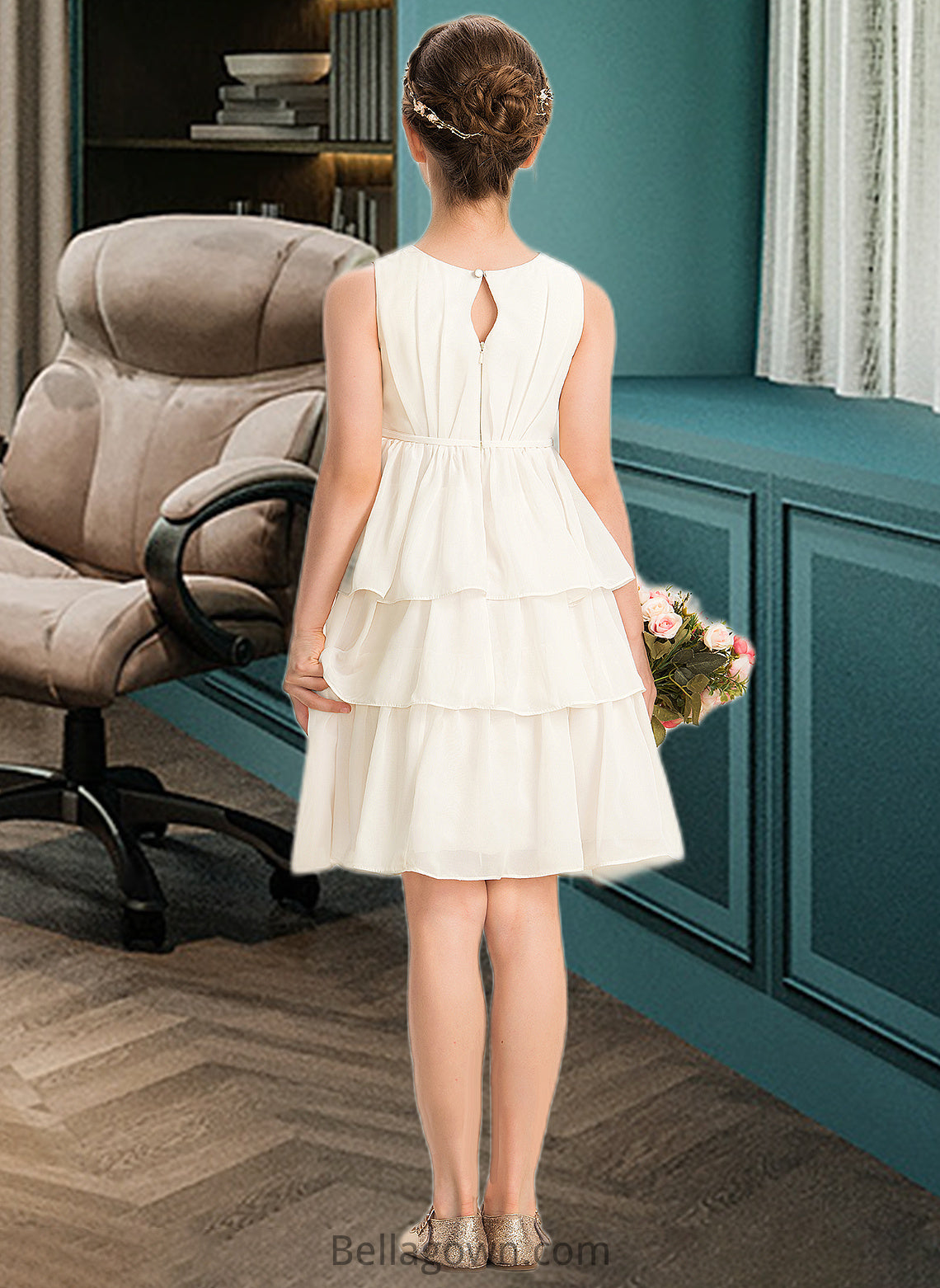 Bridget A-Line Scoop Neck Knee-Length Chiffon Junior Bridesmaid Dress With Bow(s) Cascading Ruffles DNP0013487