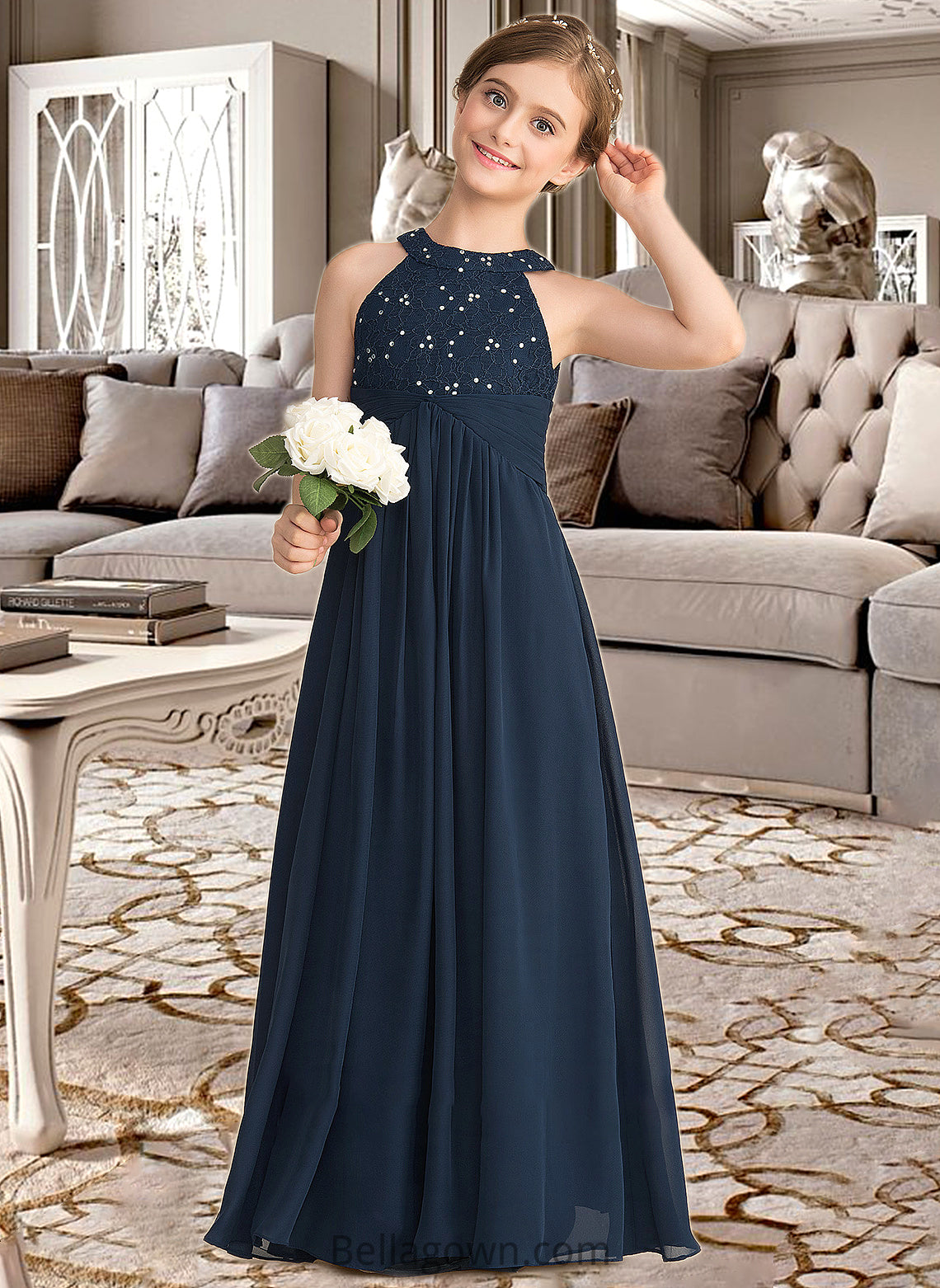 Alma A-Line Scoop Neck Floor-Length Chiffon Lace Junior Bridesmaid Dress With Ruffle Beading DNP0013488