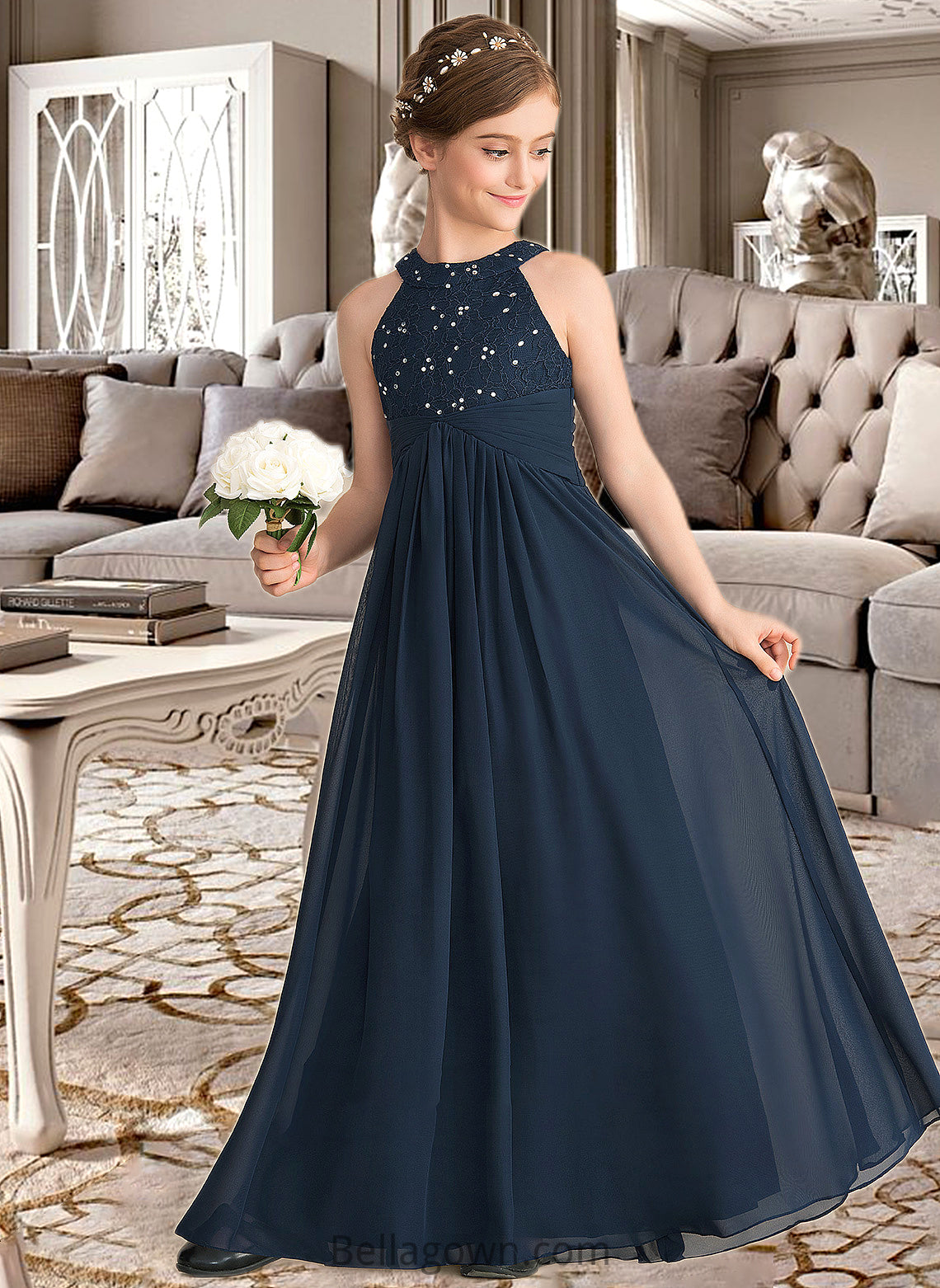 Alma A-Line Scoop Neck Floor-Length Chiffon Lace Junior Bridesmaid Dress With Ruffle Beading DNP0013488