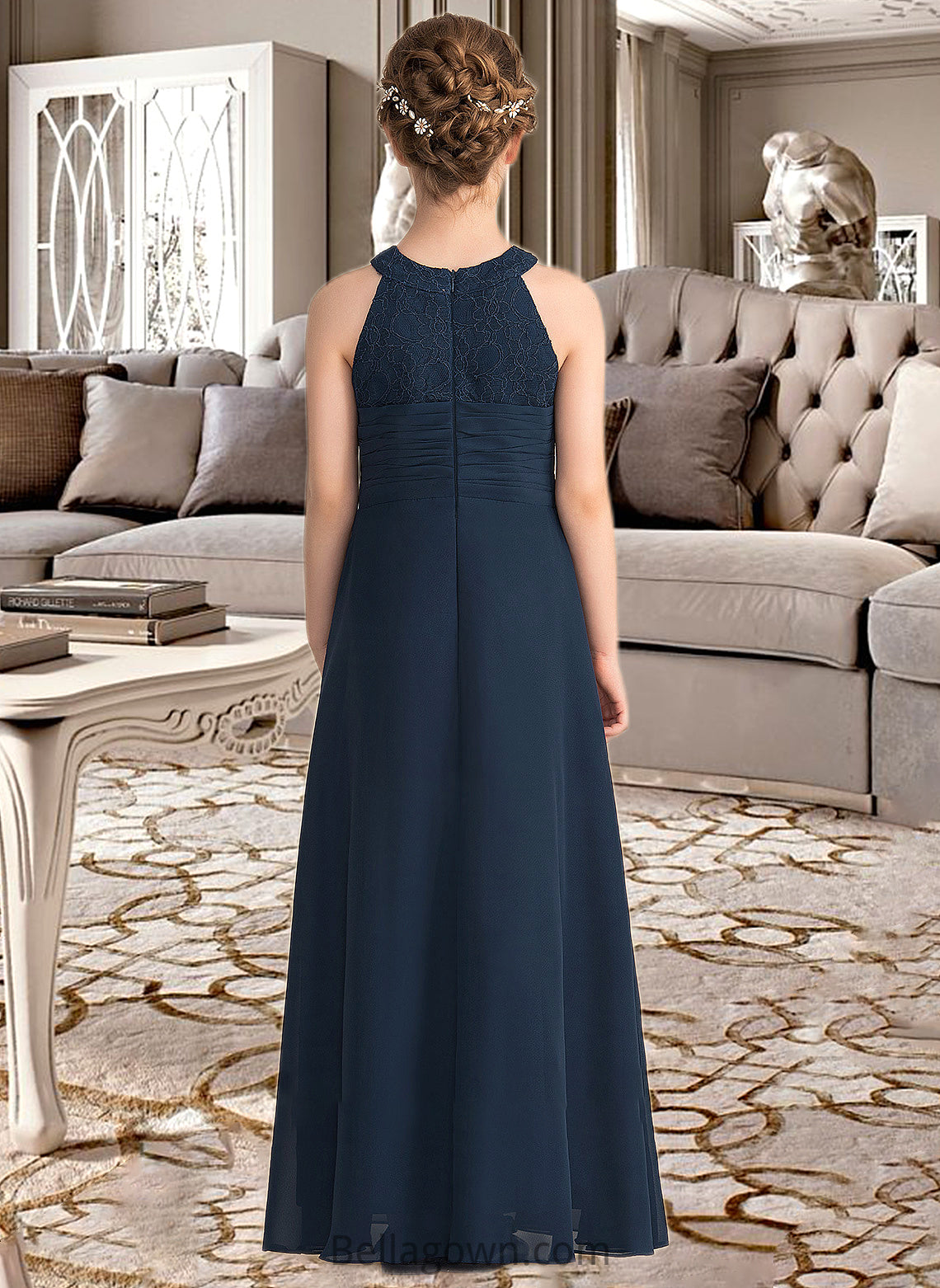 Alma A-Line Scoop Neck Floor-Length Chiffon Lace Junior Bridesmaid Dress With Ruffle Beading DNP0013488