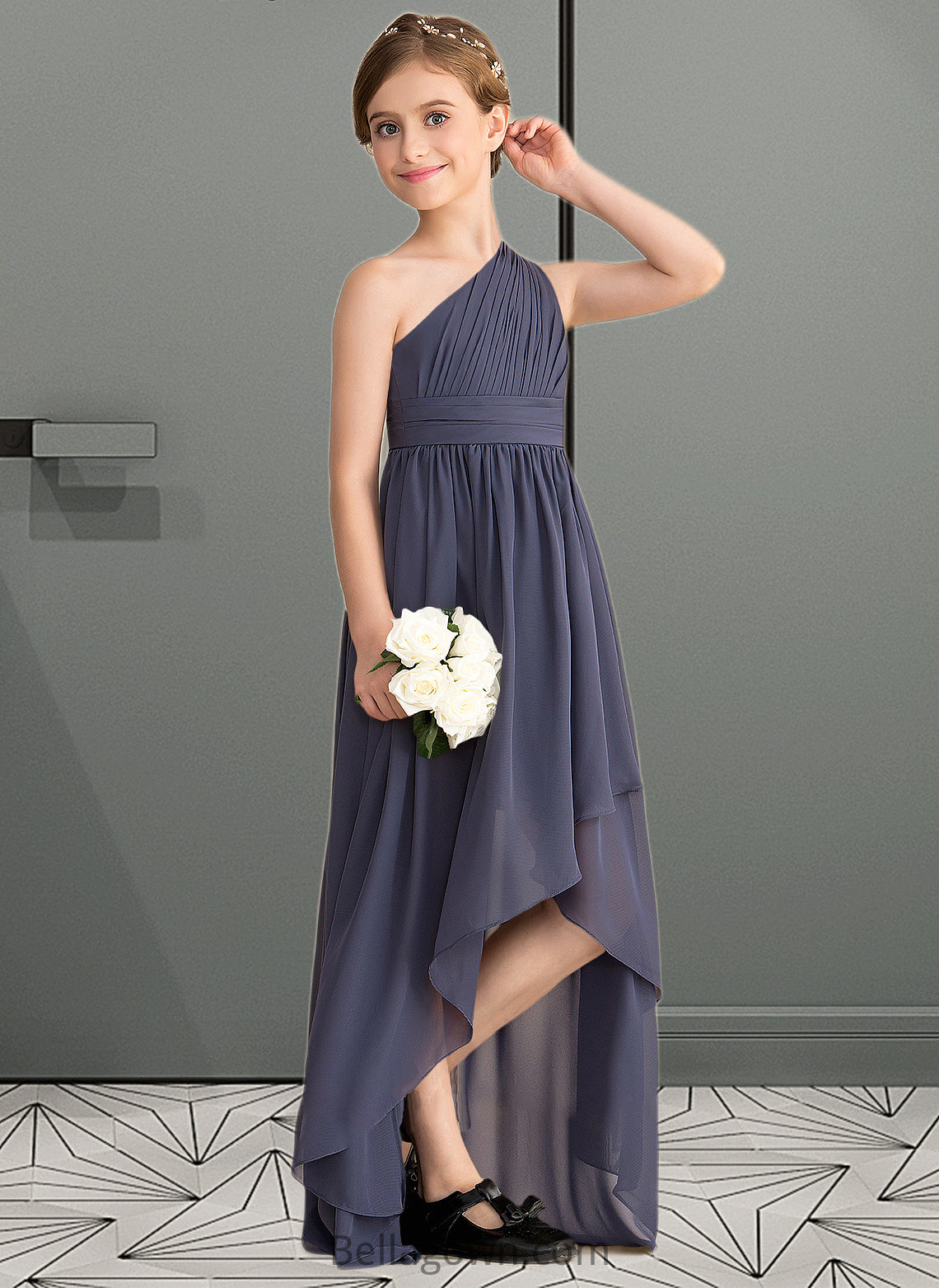 Mallory A-Line One-Shoulder Asymmetrical Chiffon Junior Bridesmaid Dress With Ruffle DNP0013489