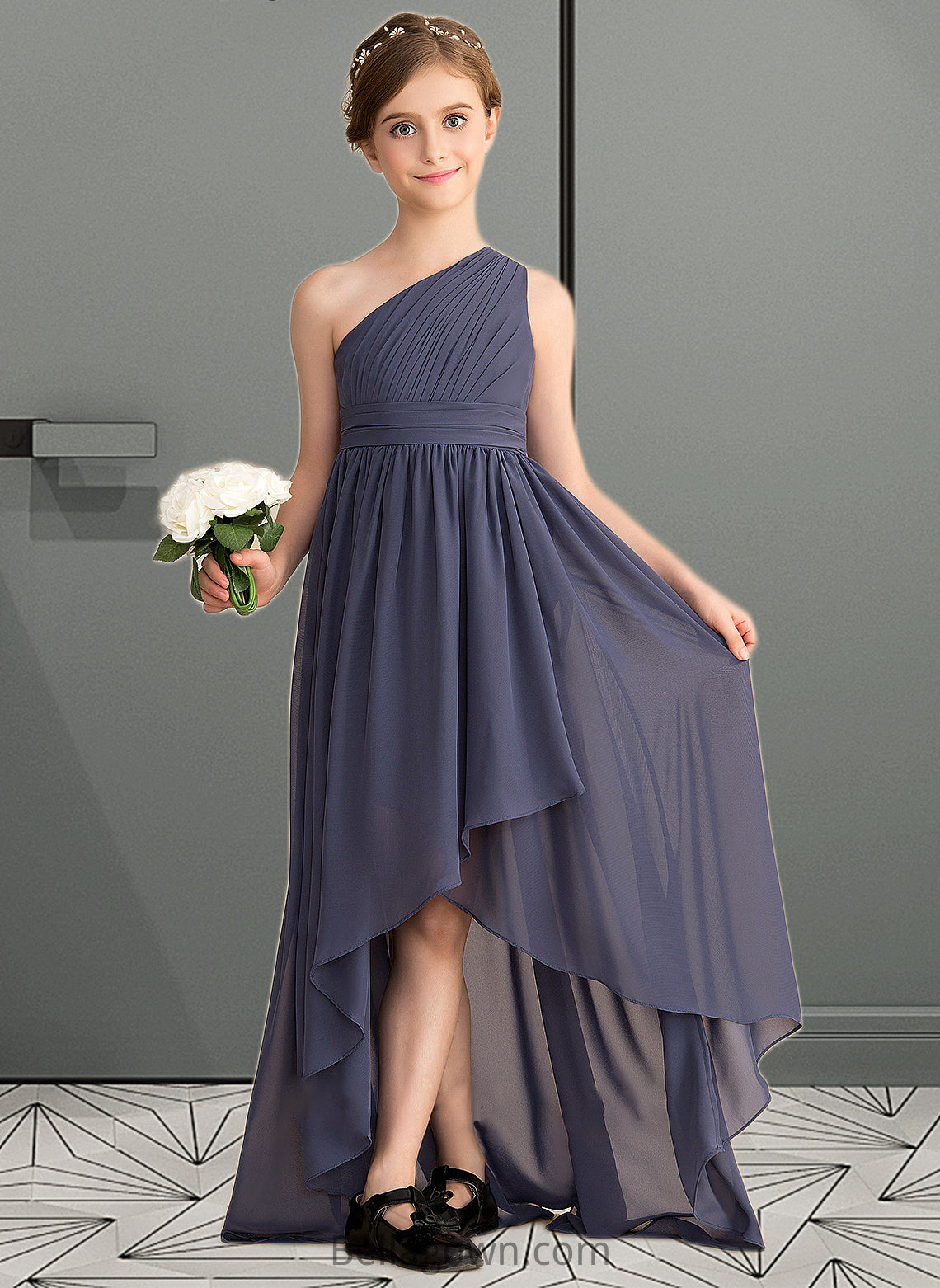 Mallory A-Line One-Shoulder Asymmetrical Chiffon Junior Bridesmaid Dress With Ruffle DNP0013489