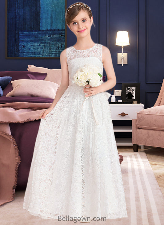 Evangeline A-Line Scoop Neck Floor-Length Lace Junior Bridesmaid Dress With Sash Bow(s) DNP0013490