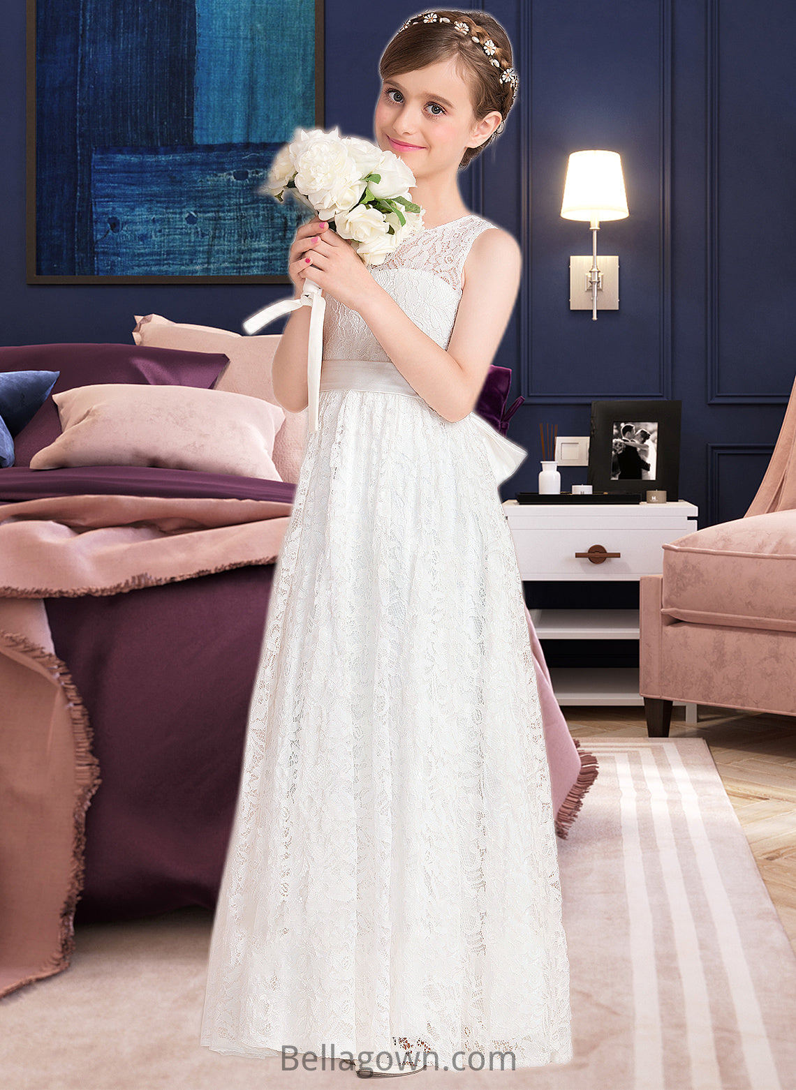 Evangeline A-Line Scoop Neck Floor-Length Lace Junior Bridesmaid Dress With Sash Bow(s) DNP0013490