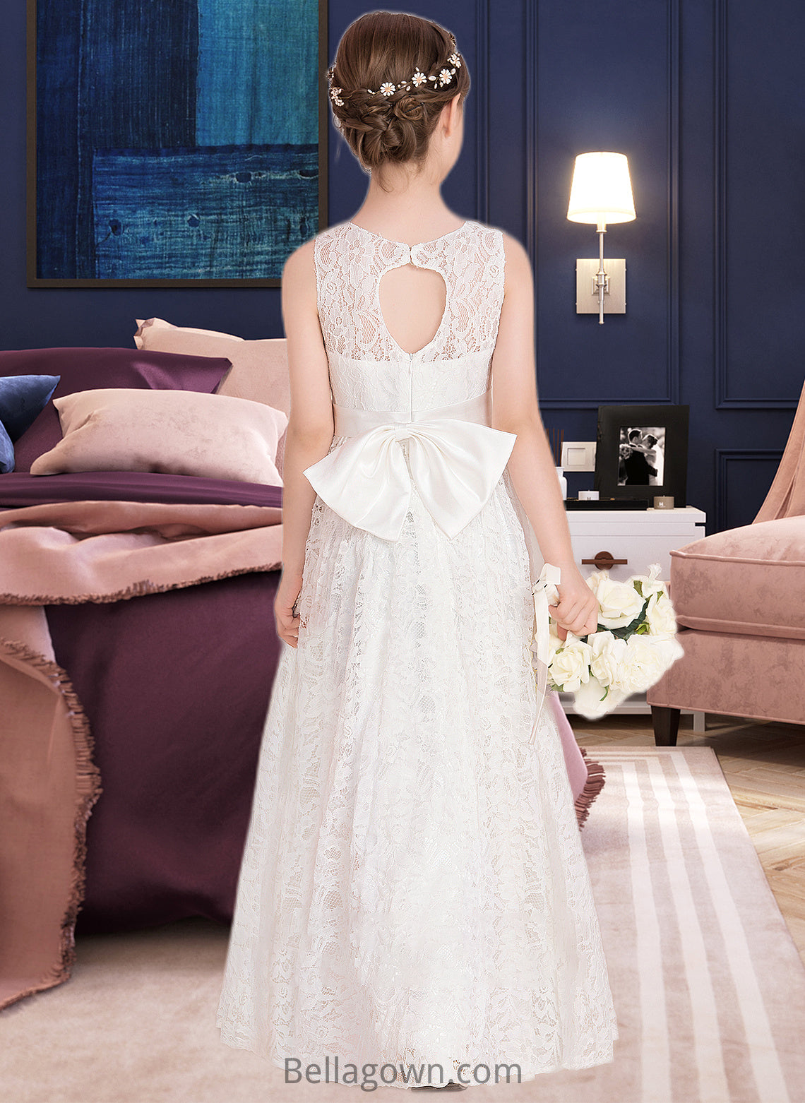 Evangeline A-Line Scoop Neck Floor-Length Lace Junior Bridesmaid Dress With Sash Bow(s) DNP0013490