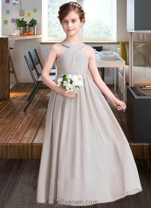 Autumn A-Line V-neck Floor-Length Chiffon Junior Bridesmaid Dress With Ruffle Bow(s) DNP0013491