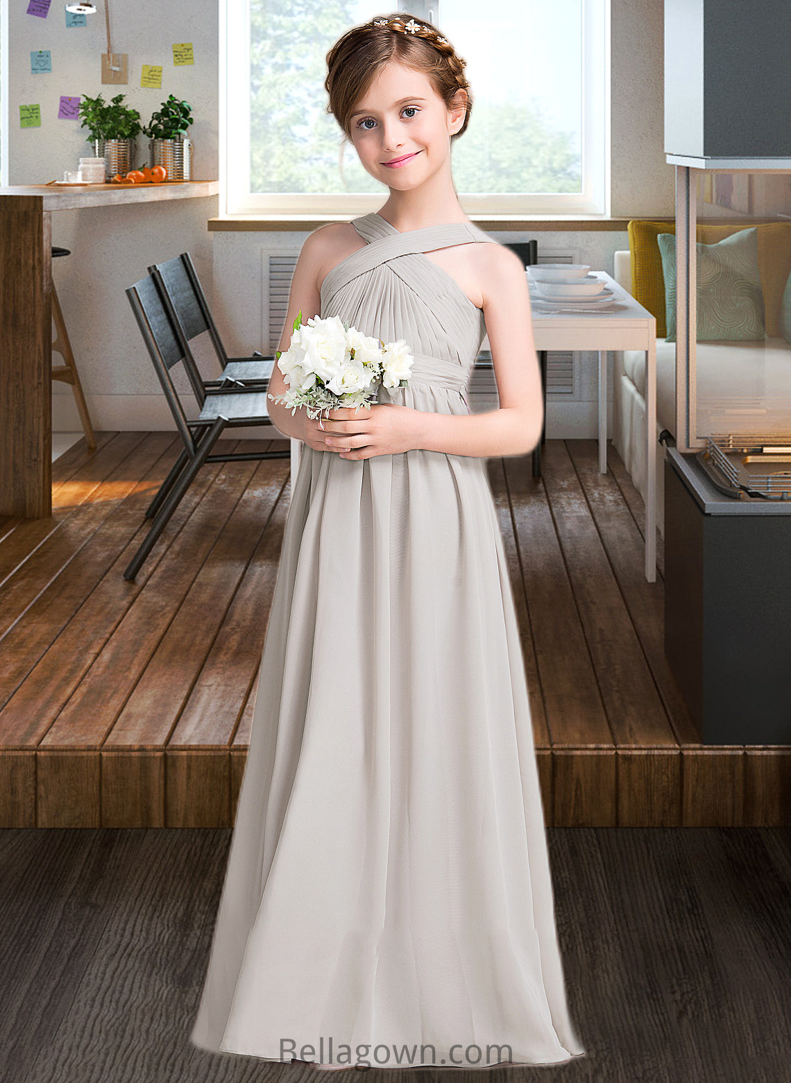 Autumn A-Line V-neck Floor-Length Chiffon Junior Bridesmaid Dress With Ruffle Bow(s) DNP0013491