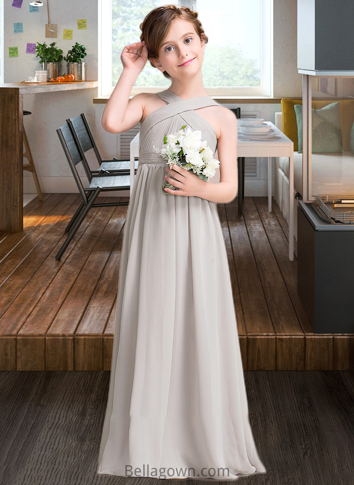 Autumn A-Line V-neck Floor-Length Chiffon Junior Bridesmaid Dress With Ruffle Bow(s) DNP0013491