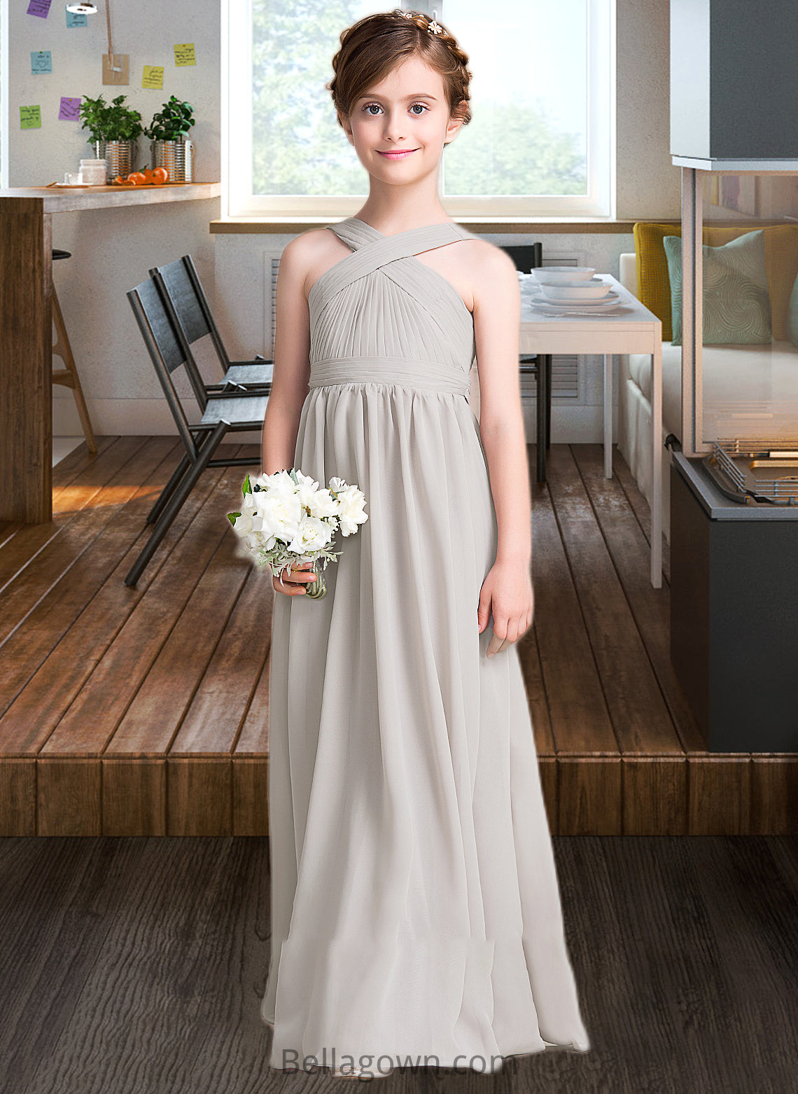 Autumn A-Line V-neck Floor-Length Chiffon Junior Bridesmaid Dress With Ruffle Bow(s) DNP0013491