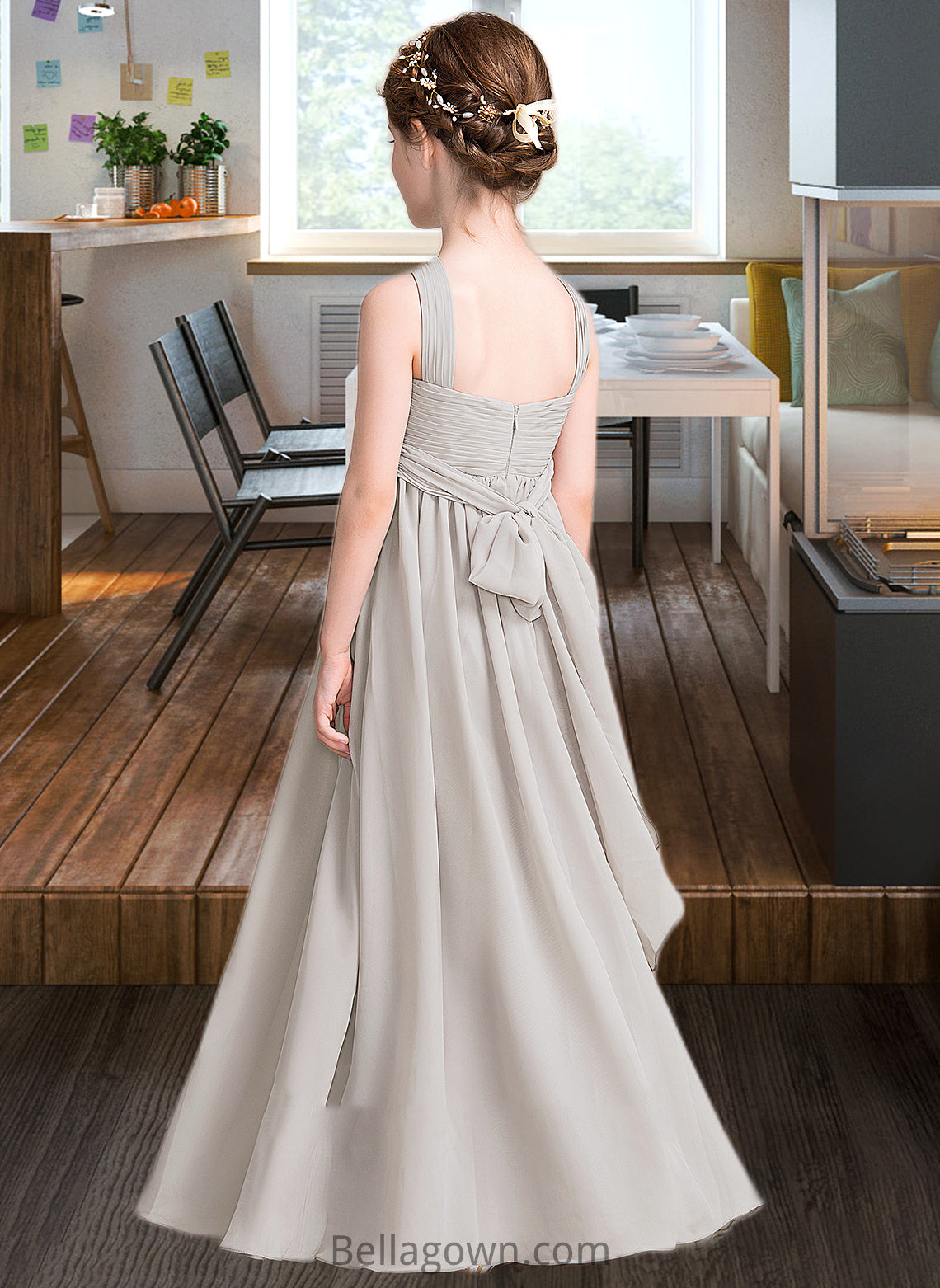 Autumn A-Line V-neck Floor-Length Chiffon Junior Bridesmaid Dress With Ruffle Bow(s) DNP0013491