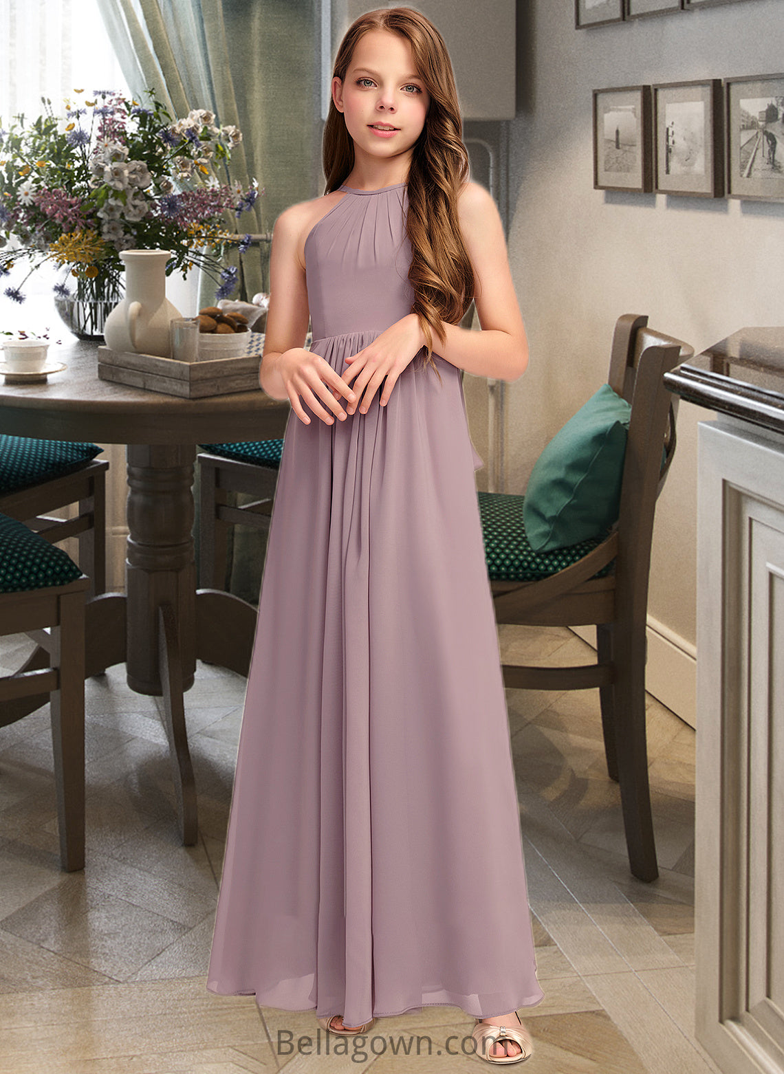 Annabel A-Line Scoop Neck Floor-Length Chiffon Junior Bridesmaid Dress With Cascading Ruffles DNP0013492