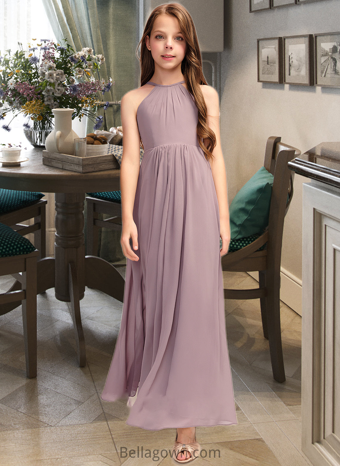 Annabel A-Line Scoop Neck Floor-Length Chiffon Junior Bridesmaid Dress With Cascading Ruffles DNP0013492