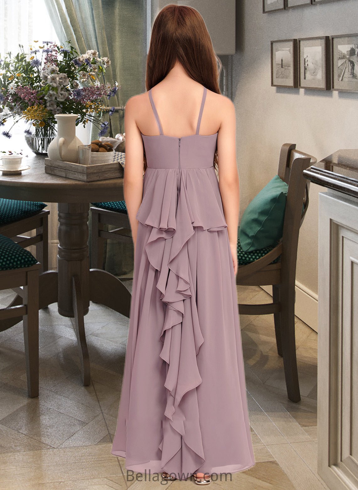 Annabel A-Line Scoop Neck Floor-Length Chiffon Junior Bridesmaid Dress With Cascading Ruffles DNP0013492