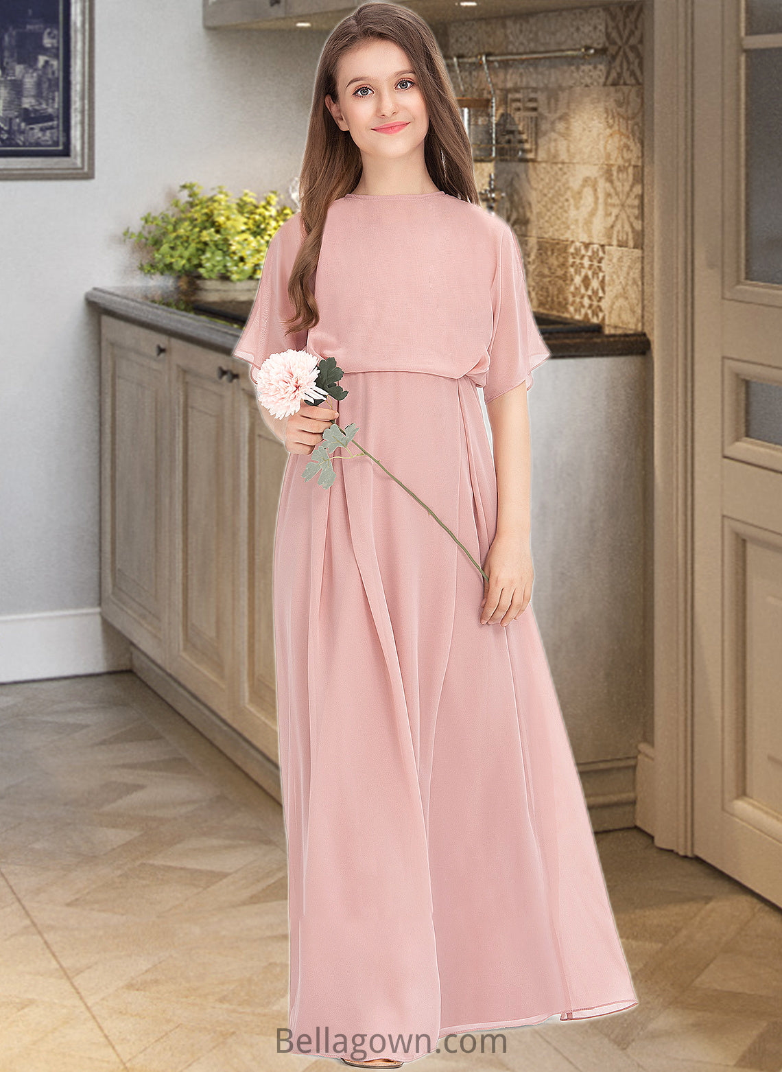 Abbey A-Line Scoop Neck Floor-Length Chiffon Junior Bridesmaid Dress DNP0013493