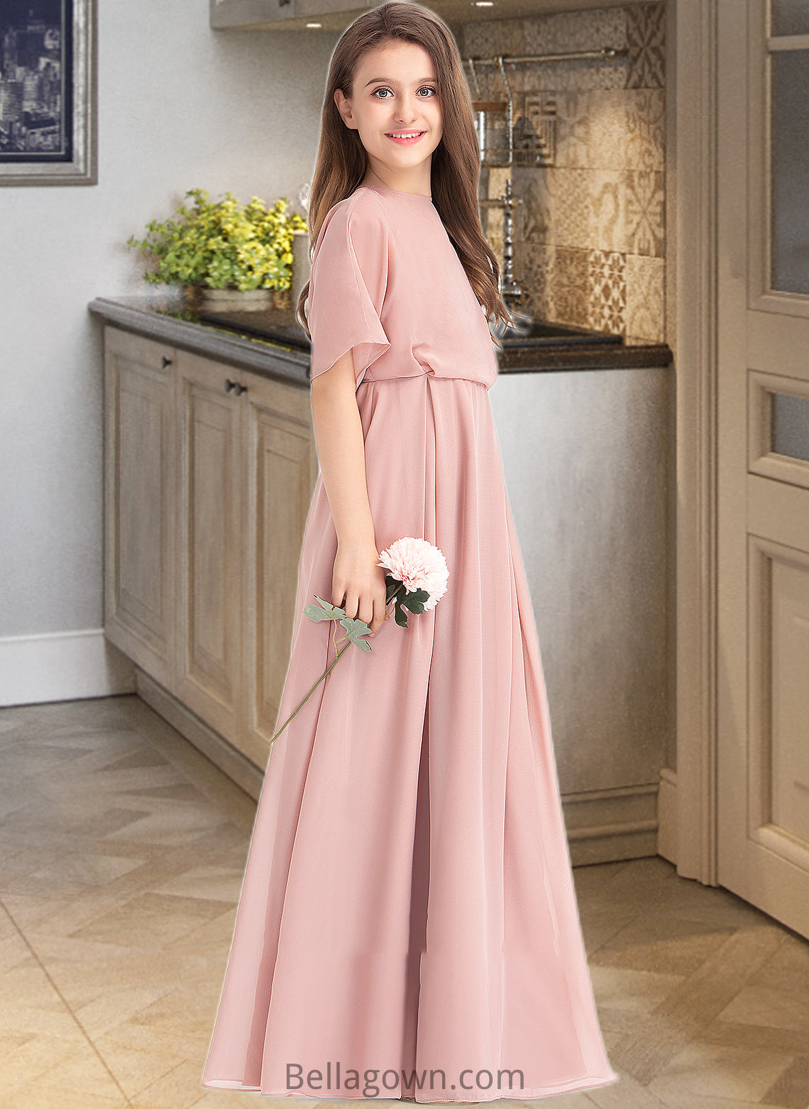 Abbey A-Line Scoop Neck Floor-Length Chiffon Junior Bridesmaid Dress DNP0013493