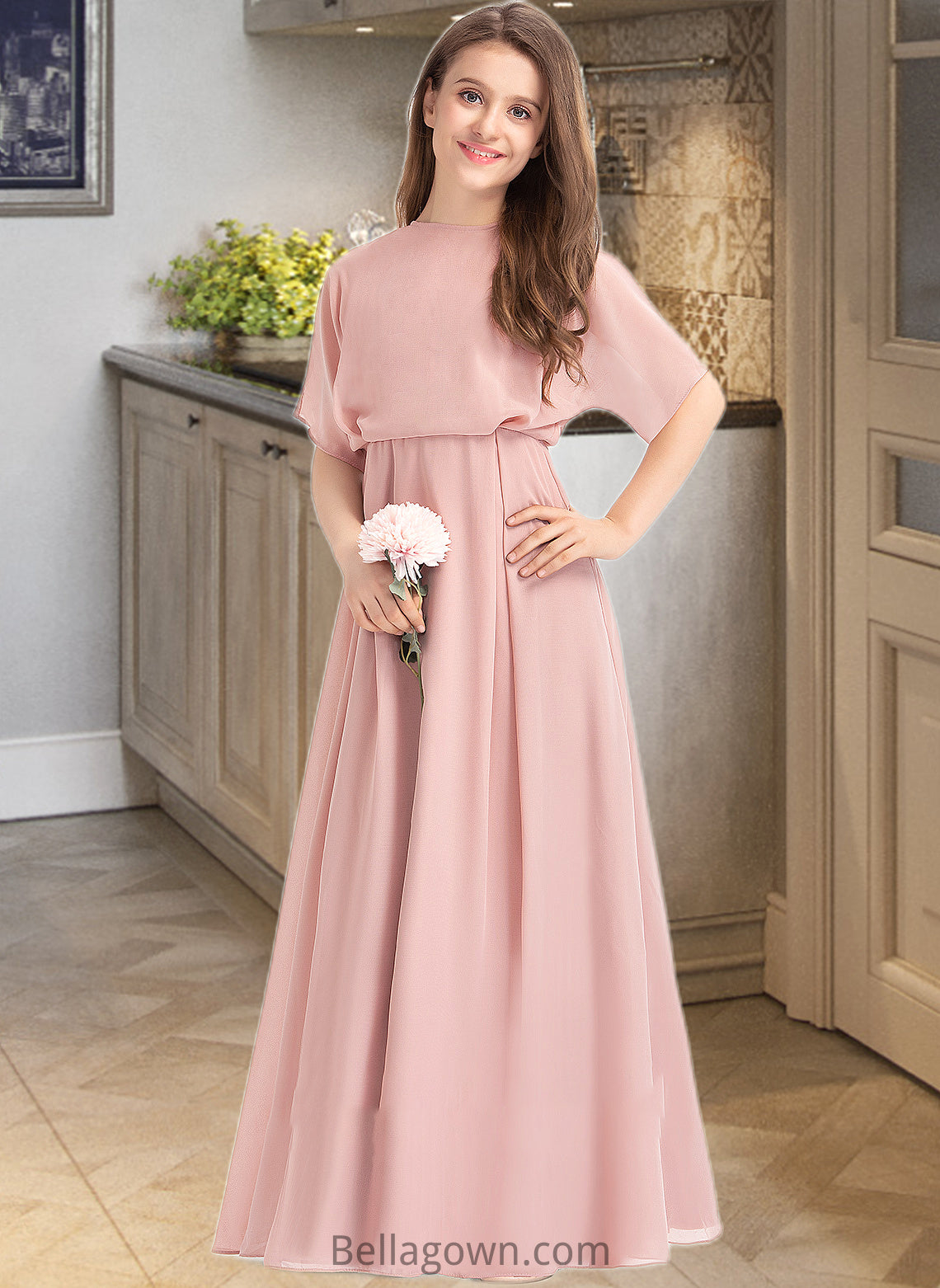 Abbey A-Line Scoop Neck Floor-Length Chiffon Junior Bridesmaid Dress DNP0013493