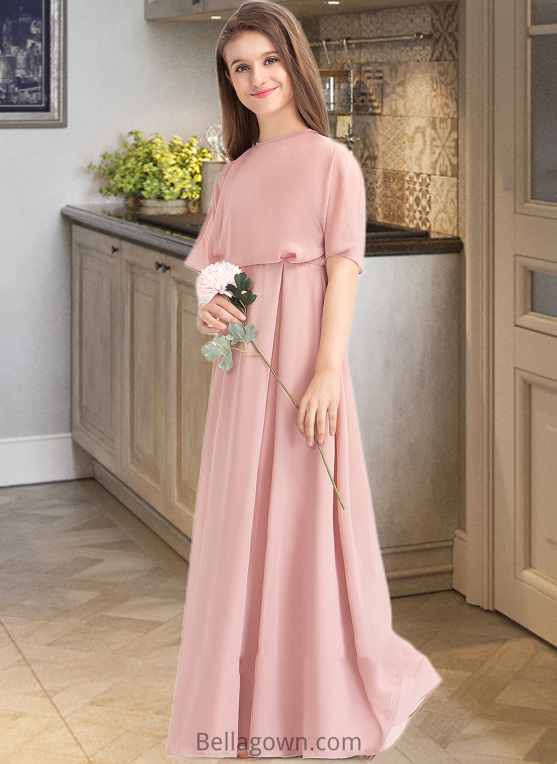 Abbey A-Line Scoop Neck Floor-Length Chiffon Junior Bridesmaid Dress DNP0013493