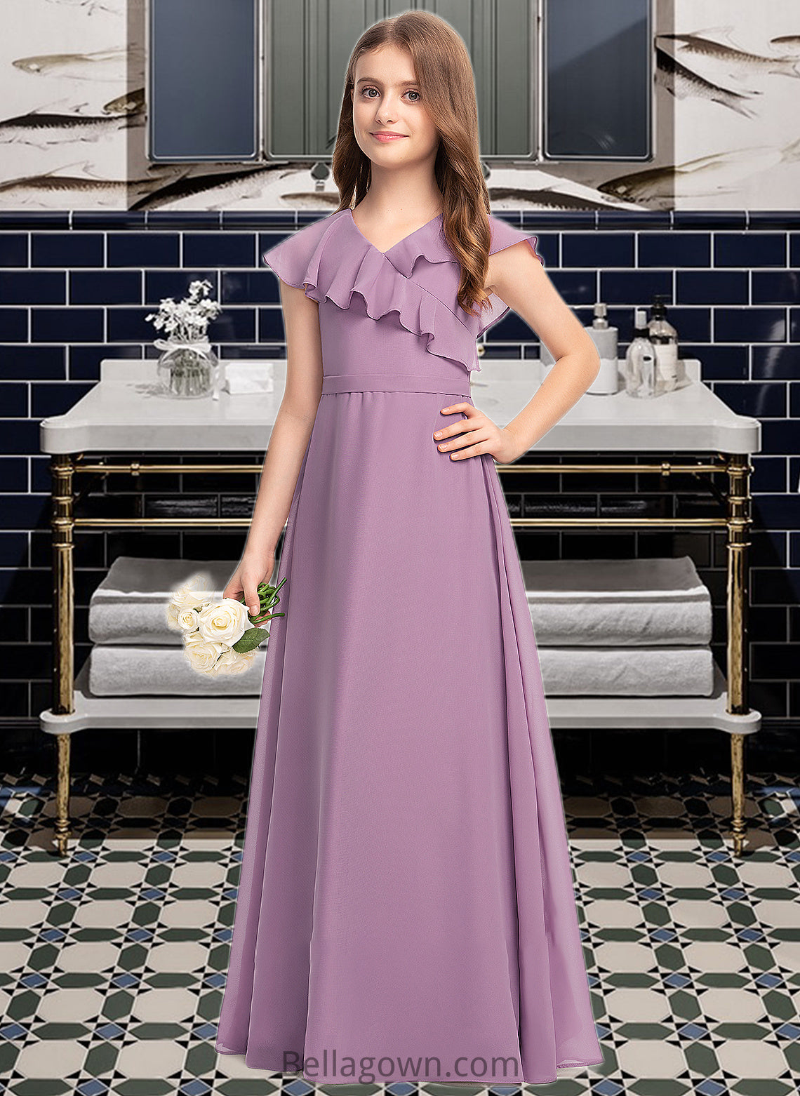 Halle A-Line V-neck Floor-Length Chiffon Junior Bridesmaid Dress With Bow(s) Cascading Ruffles DNP0013494