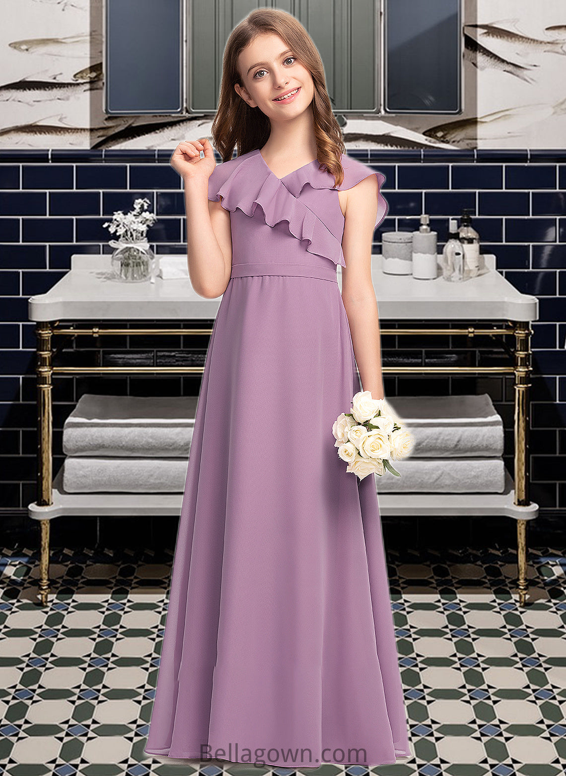 Halle A-Line V-neck Floor-Length Chiffon Junior Bridesmaid Dress With Bow(s) Cascading Ruffles DNP0013494