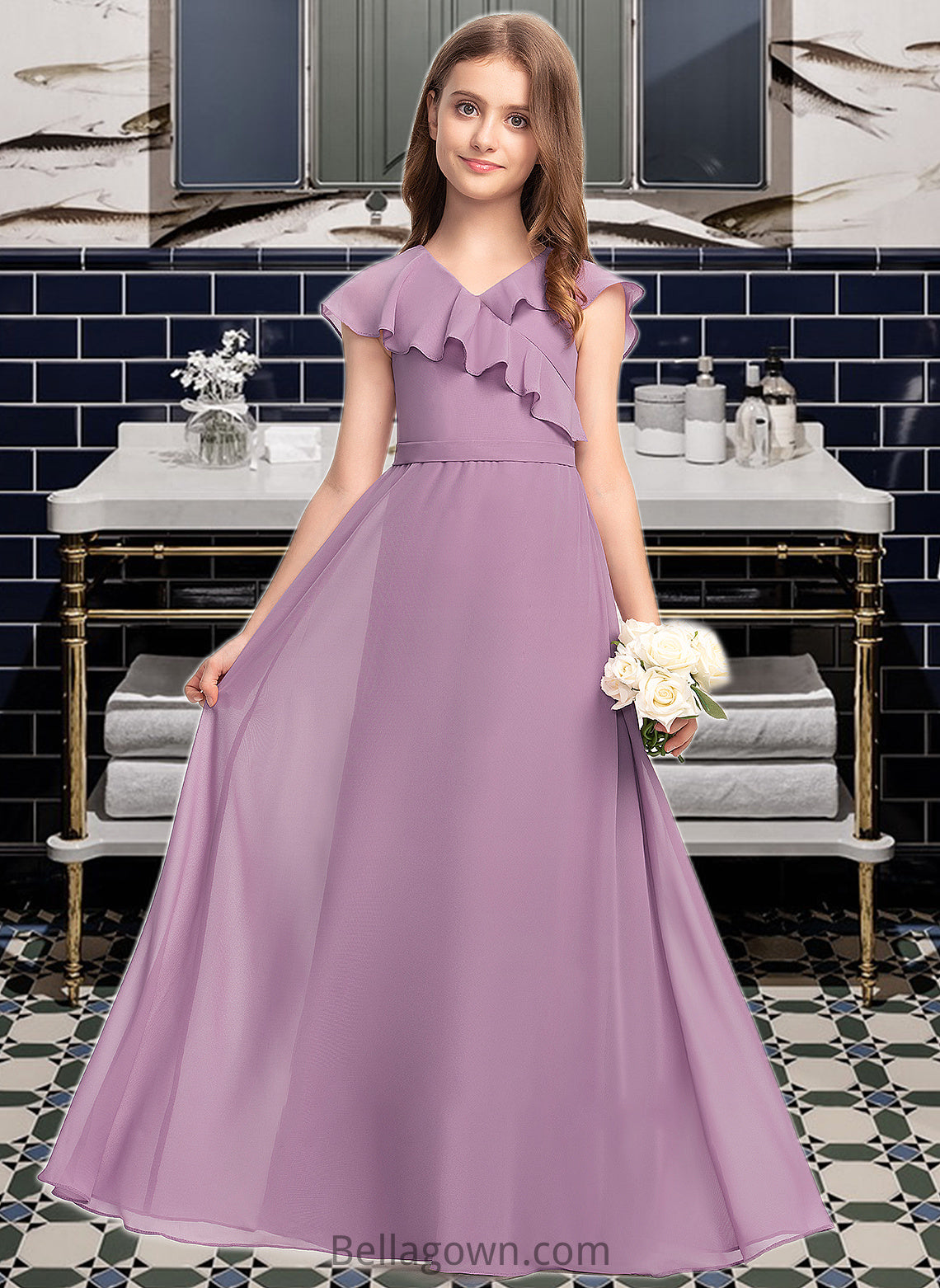 Halle A-Line V-neck Floor-Length Chiffon Junior Bridesmaid Dress With Bow(s) Cascading Ruffles DNP0013494