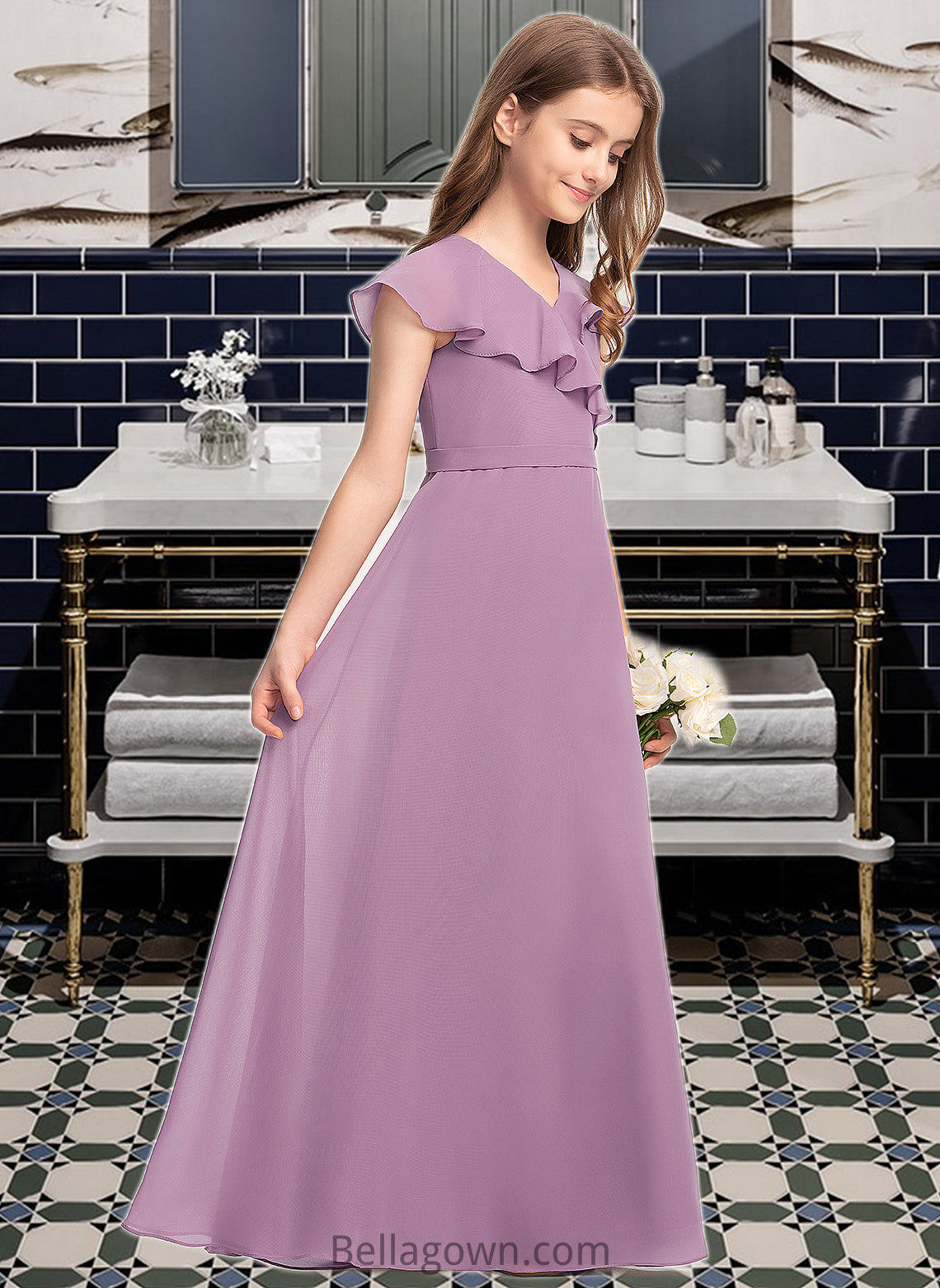 Halle A-Line V-neck Floor-Length Chiffon Junior Bridesmaid Dress With Bow(s) Cascading Ruffles DNP0013494