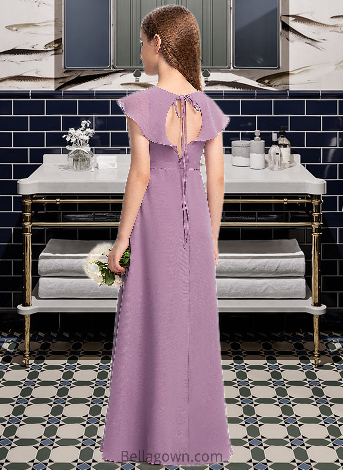 Halle A-Line V-neck Floor-Length Chiffon Junior Bridesmaid Dress With Bow(s) Cascading Ruffles DNP0013494