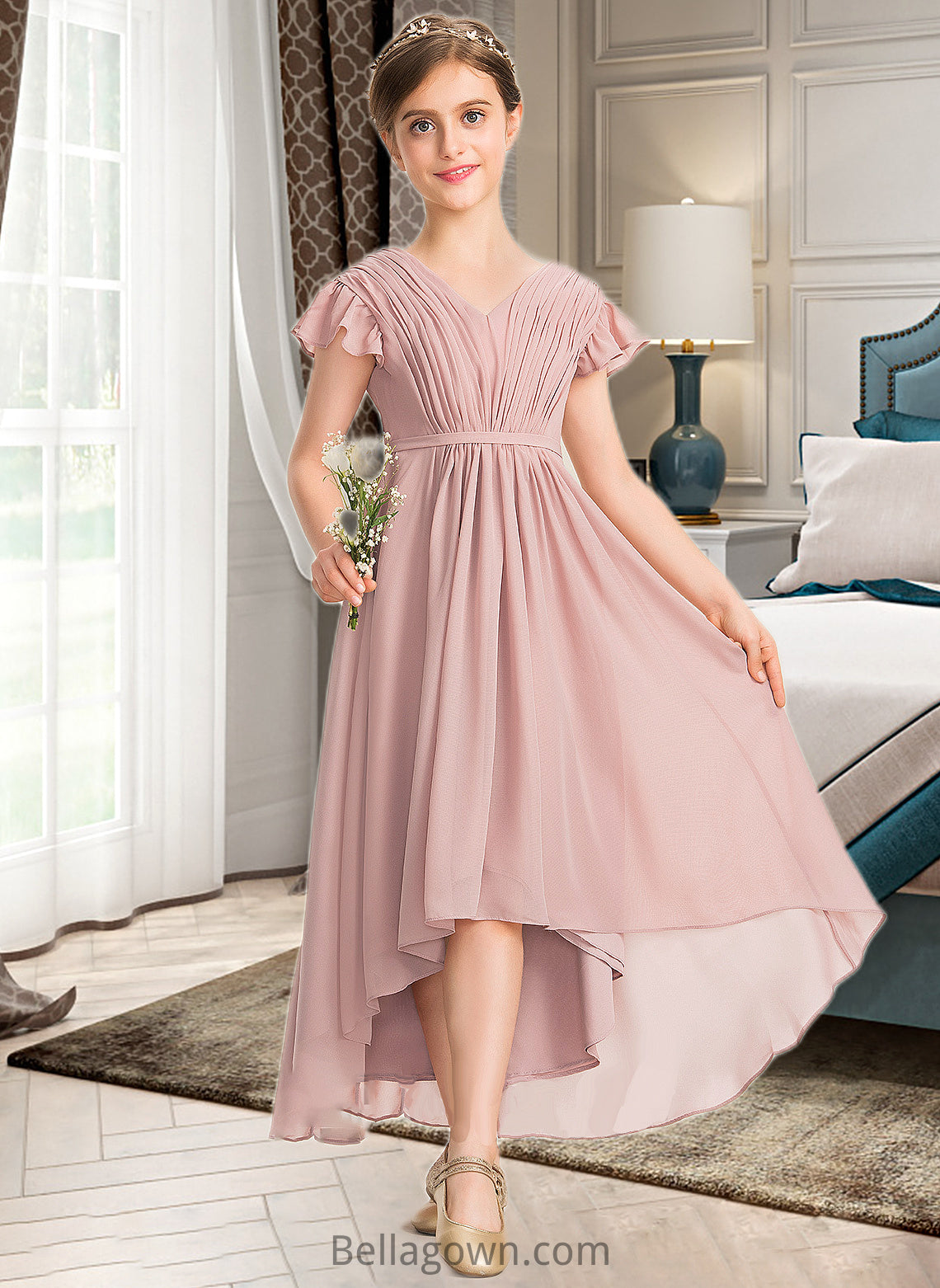 Mara A-Line V-neck Asymmetrical Chiffon Junior Bridesmaid Dress With Bow(s) Cascading Ruffles DNP0013496