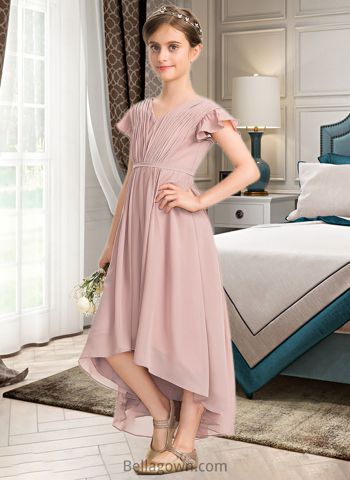 Mara A-Line V-neck Asymmetrical Chiffon Junior Bridesmaid Dress With Bow(s) Cascading Ruffles DNP0013496