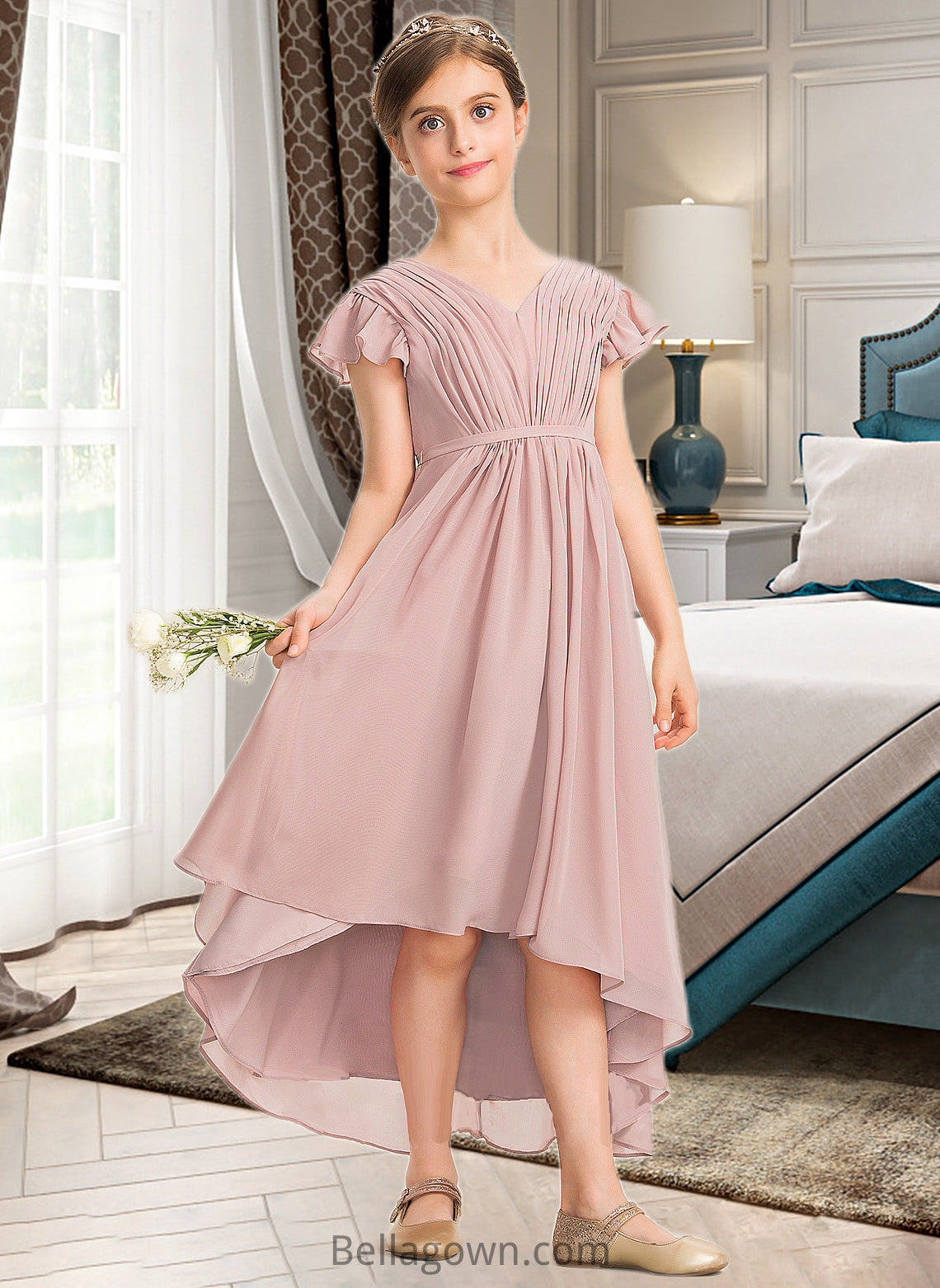 Mara A-Line V-neck Asymmetrical Chiffon Junior Bridesmaid Dress With Bow(s) Cascading Ruffles DNP0013496