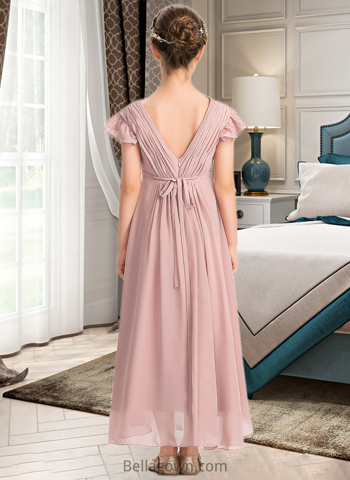 Mara A-Line V-neck Asymmetrical Chiffon Junior Bridesmaid Dress With Bow(s) Cascading Ruffles DNP0013496