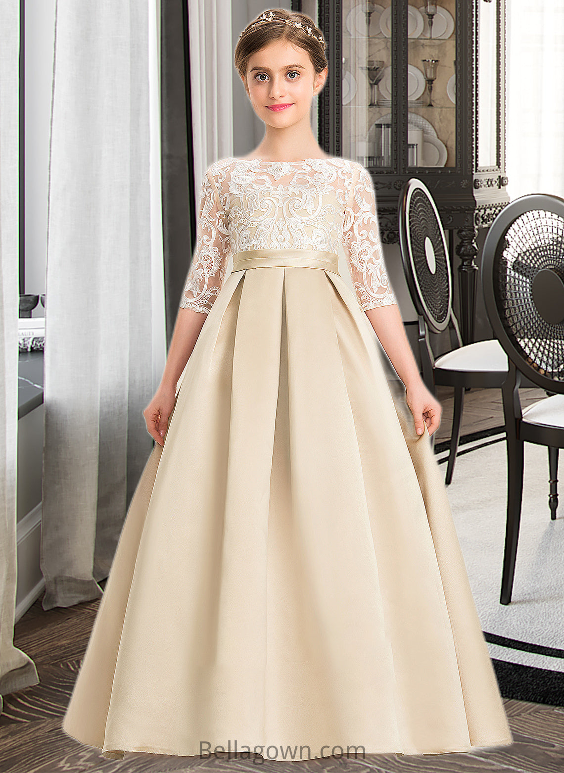 Gretchen Ball-Gown/Princess Scoop Neck Floor-Length Satin Lace Junior Bridesmaid Dress DNP0013498