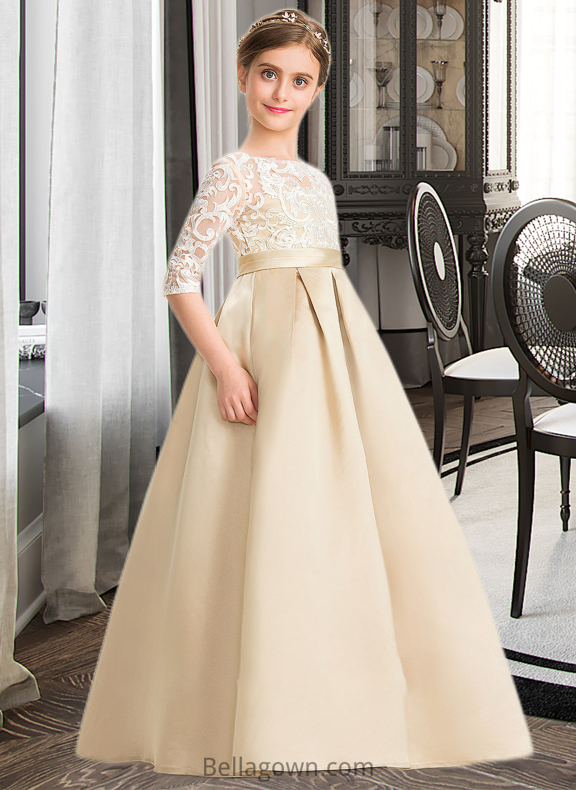 Gretchen Ball-Gown/Princess Scoop Neck Floor-Length Satin Lace Junior Bridesmaid Dress DNP0013498