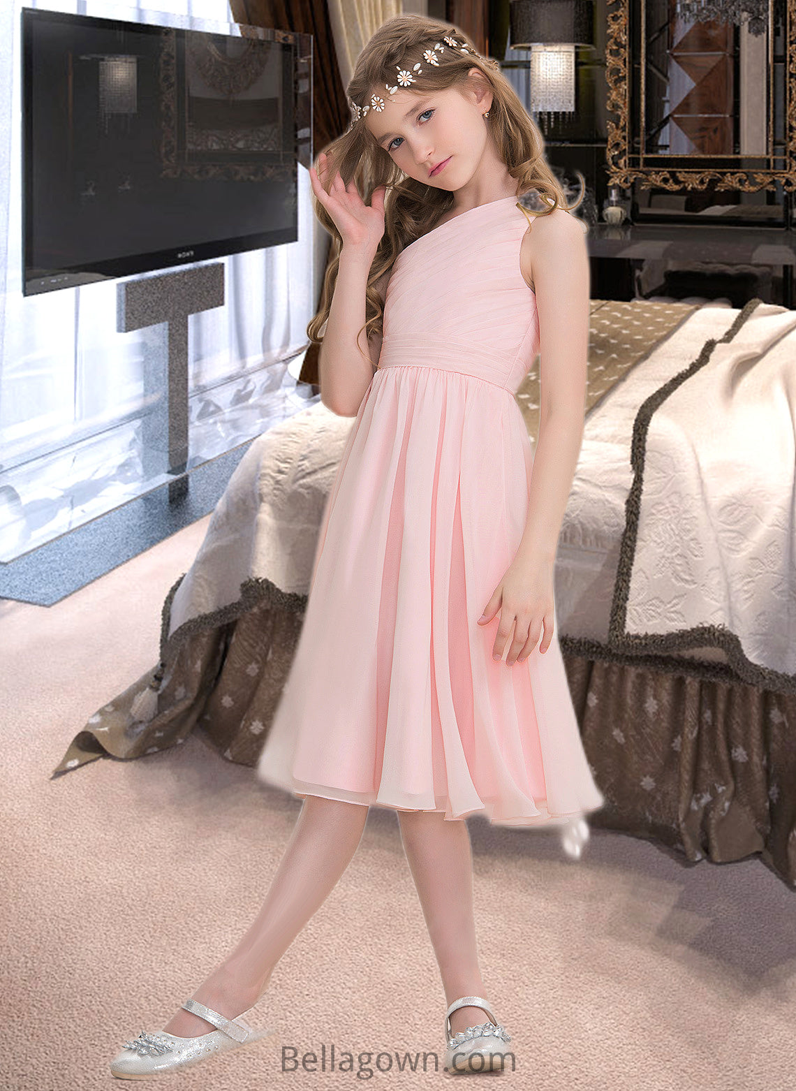 Hailey A-Line One-Shoulder Knee-Length Chiffon Junior Bridesmaid Dress With Ruffle DNP0013499